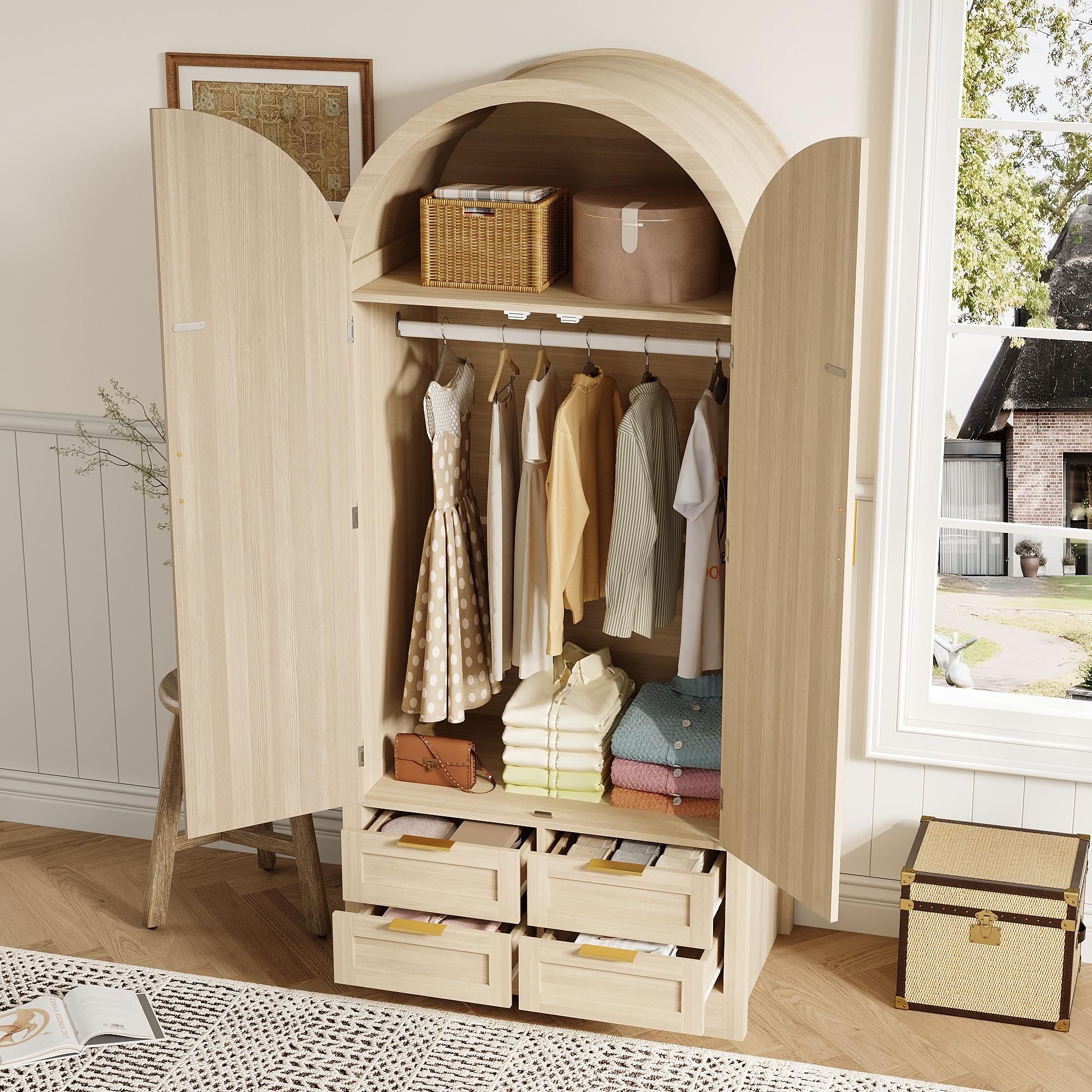 Merax Moderner Kleiderschrank mit gebogenen Türen, Stauraum mit Kleiderstange und Schubladen, Luxus Kleiderschrank für Schlafzimmer und Flur, Natur