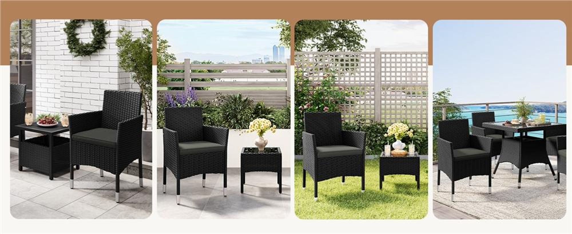 Yaheetech 2er Set Gartenstuhl aus Polyrattan, inkl. Sitz- & Rückenpolster, Gartenmöbel Set mit 2 Sessel, wasserabweisend & waschbar, Schwarz & Grau