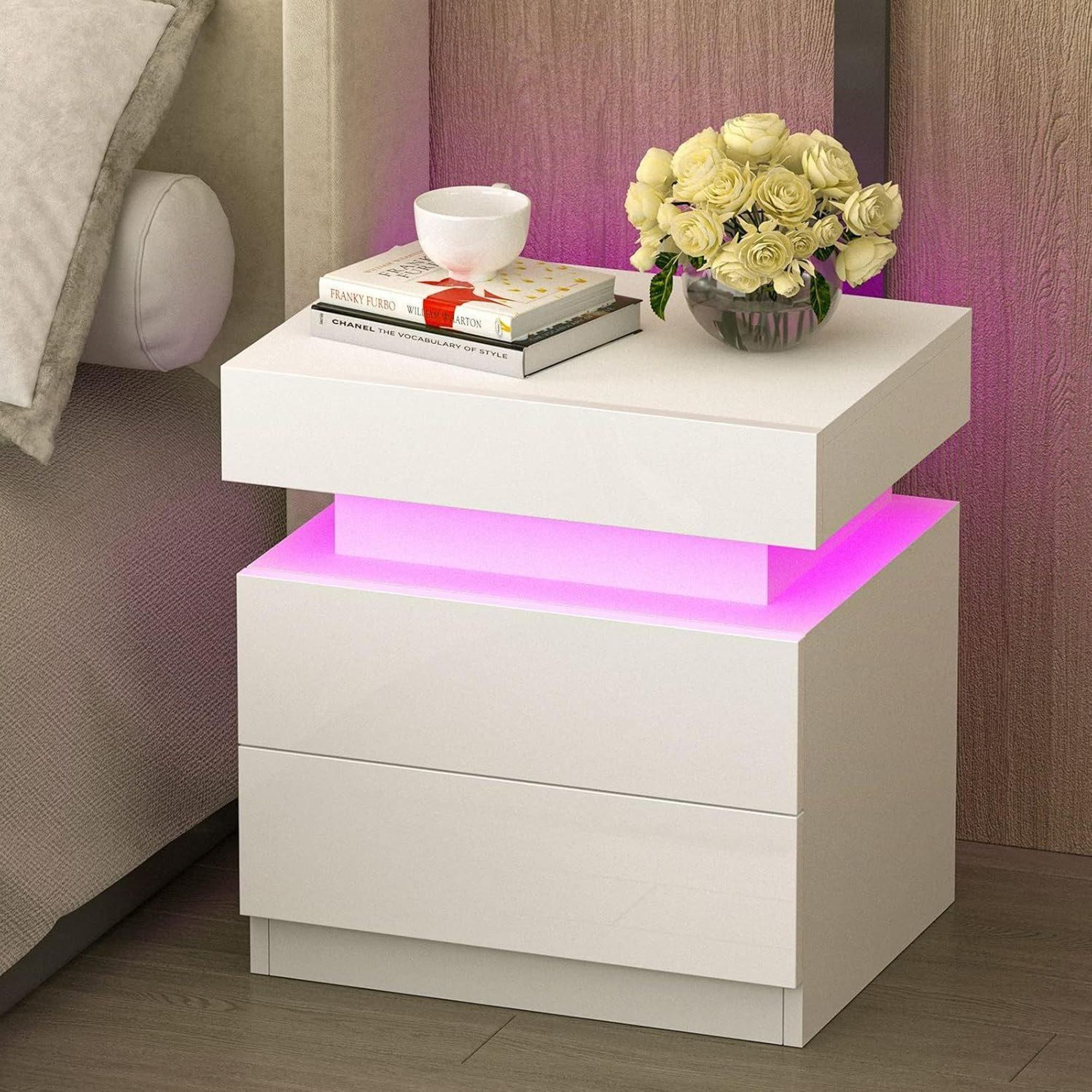 OYAJIA Nachttisch Hochglanz Nachtschrank mit 2 Schubladen,LED-Beleuchtung 16 Farben Nachttisch mit LED Streifen, Beistelltisch, Nachttisch Sofatisch