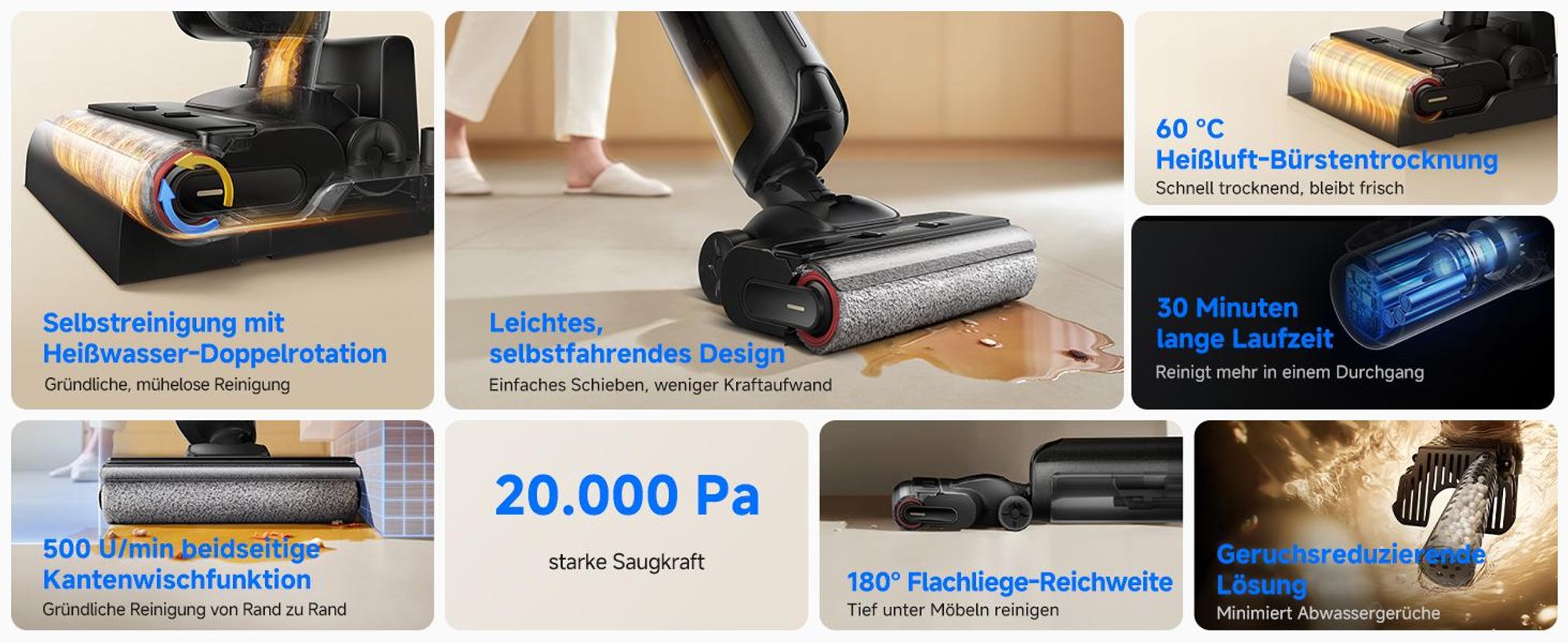 MOVA M10 Air Akku-Stielstaubsauger mit Nass- & Trockensaugen, 20.000 Pa, 30 Min, 600-ml-Tank, 74 dB, Auto-Reinigung, Anti-Geruch, Schwarz