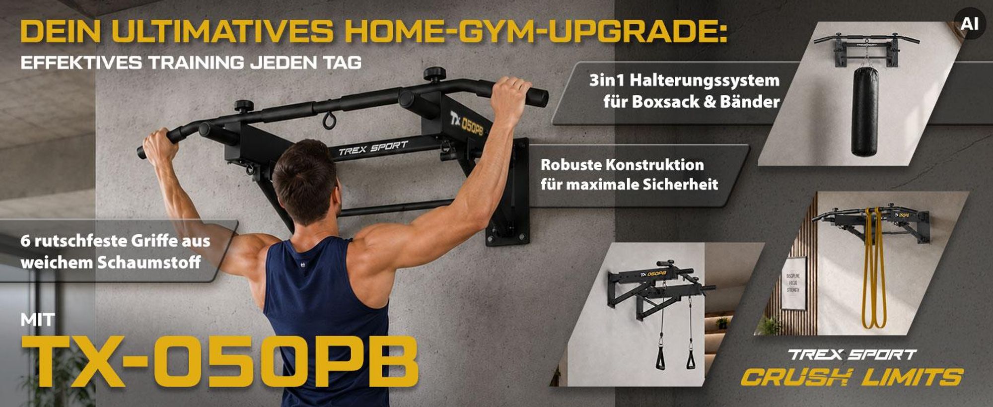 TREX SPORT Klimmzugstange zur Wandmontage klappbar TX-050PB | 6 rutschfeste Griffe, für Boxsack & Expander | Pull Up Bar für zuhause