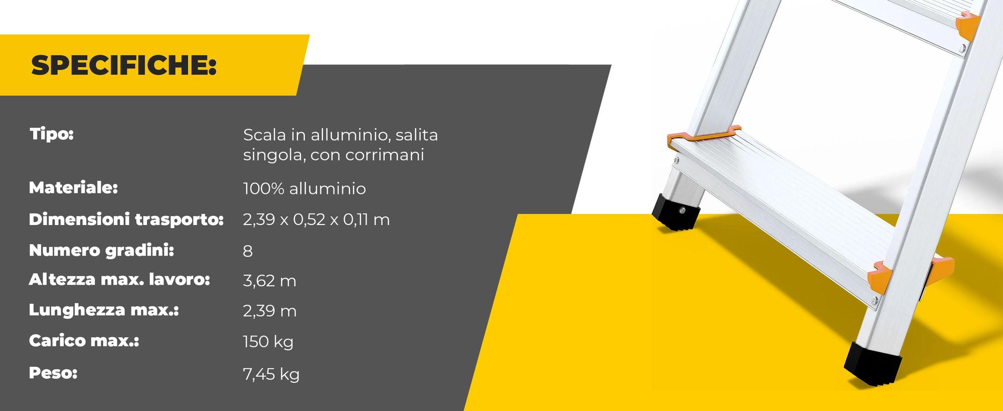 Drabest | Scala - 8 gradini, portata 150 kg - Scala con corrimano, scala in alluminio, piedini antiscivolo, scala a gradini, scala pieghevole