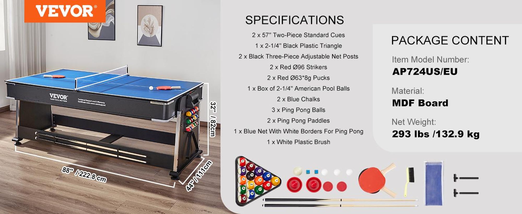 VEVOR 4-in-1 Kombi-Spieltisch-Set, 48" Air-Hockey-Tisch, Multi-Kombinationstisch mit Air-Hockey, Billard, Tischfußball, Tischtennis, Schiebern & Pucks, Sport-Arkade-Tisch für das Familien-Spielzimmer Büro, 223 cm