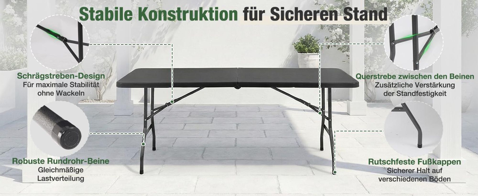 Sekey Buffettisch Klappbar Campingtisch Kunststoff mit Tragegriff, 152x70cm, Schwarz