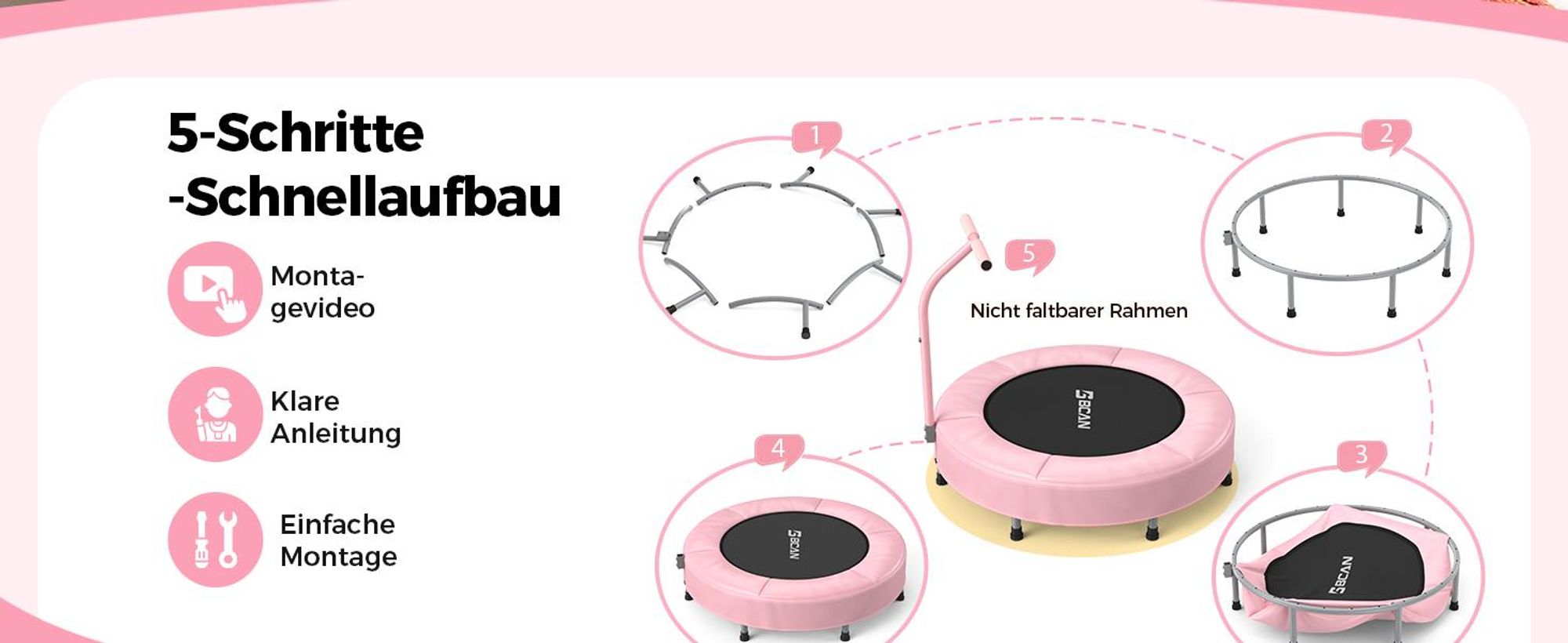 BCAN 91cm Kleinkind-Trampolin | Faltbar & platzsparend | 2-fach höhenverstellbarer Griff | ASTM- | Spiel- und Bewegungsspaß für drinnen