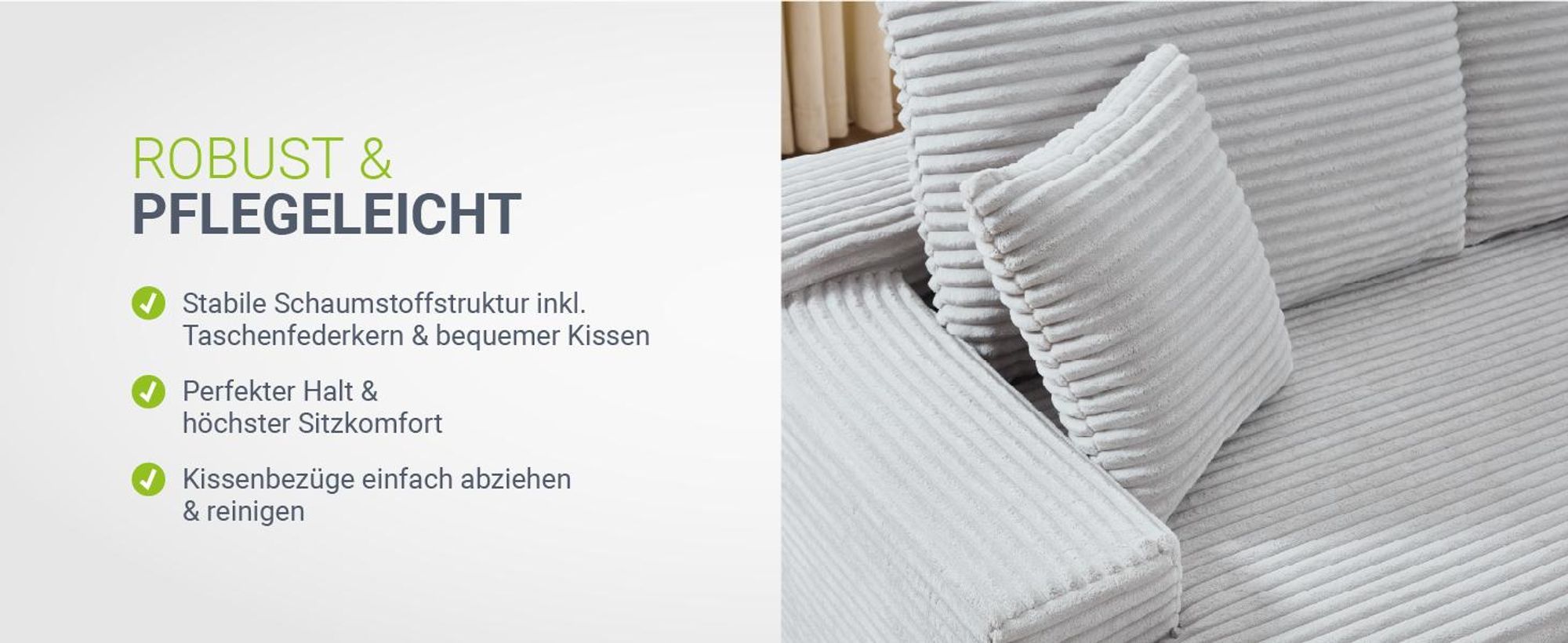 Juskys Sofa Coredo - Hellgrau, moderne Couch aus Cord mit Kissen, Ottomane rechts