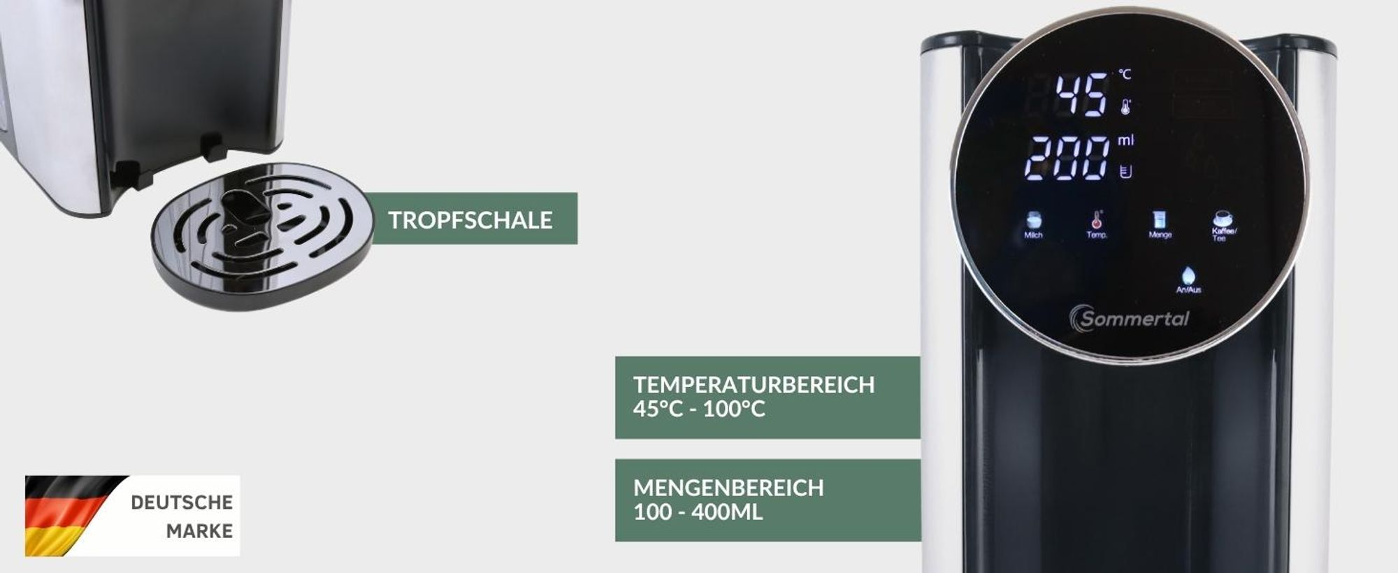 Sommertal HW400 Heißwasserspender Businessline, XXL Version mit abnehmbaren 4L Tank, instant heißes Wasser 45-100°C, Touchdisplay, Babynahrung