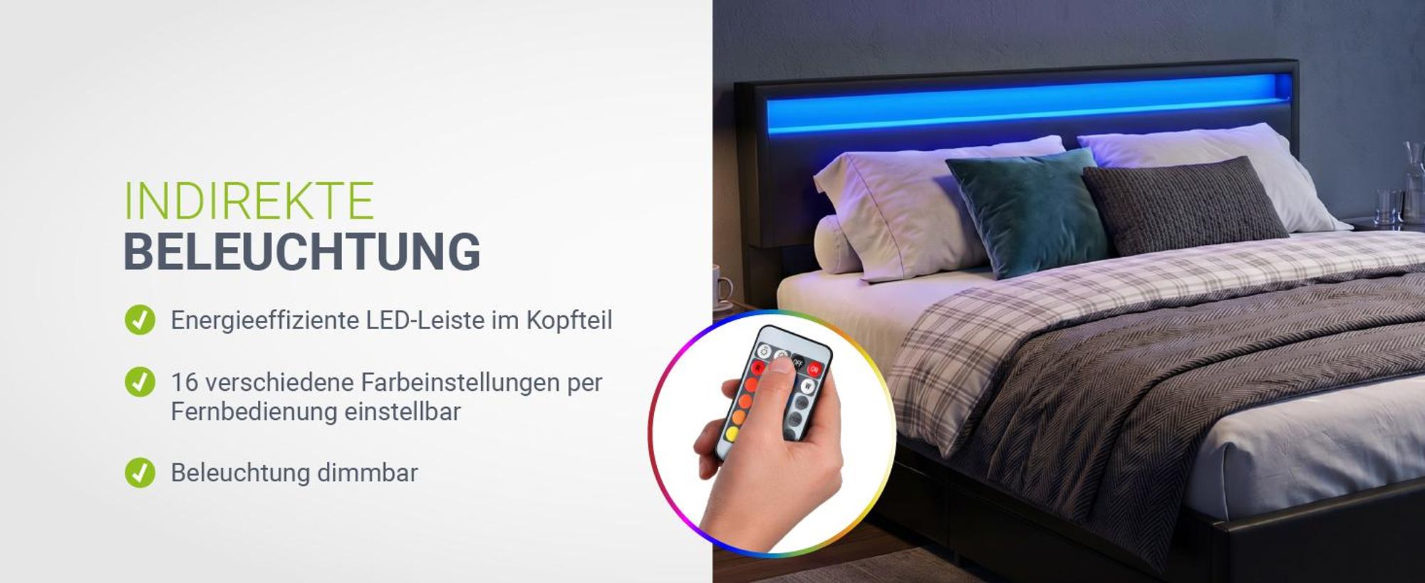 Juskys Polsterbett Lyon 180 x 200 cm schwarz – Bettgestell mit Lattenrost, Bettkasten & LED Beleuchtung – Kunstleder & Holz – Bett Doppelbett