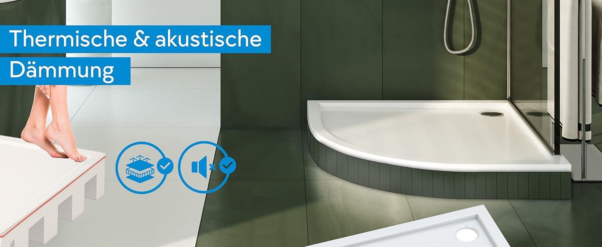 AQUABAD® Duschwanne Komplettset Basic Smooth White 80x80cm R55 Viertelkreis inkl. Styroporträger und Ablaufgarnitur Alcadrain A49CR