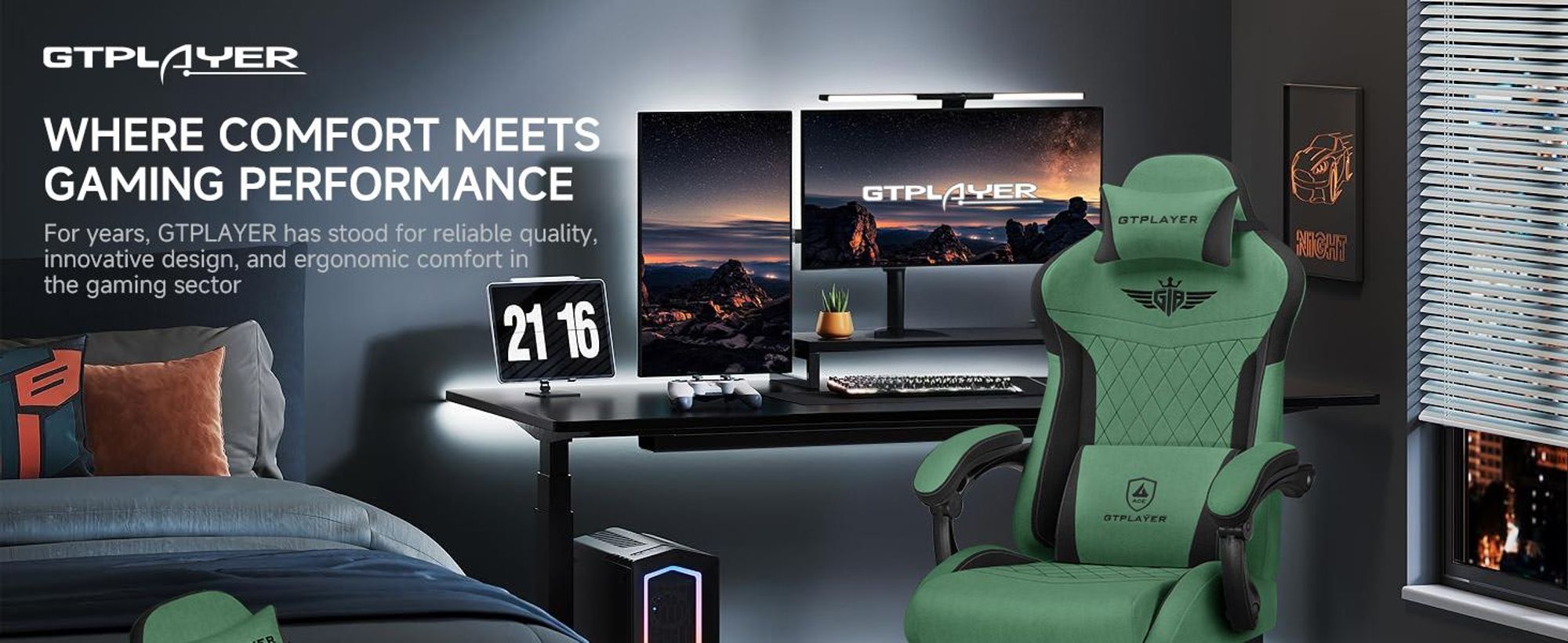 Fotel gamingowy GTPLAYER, ergonomiczny fotel dla graczy wykonany z tkaniny z podparciem lędźwiowym, fotel PC z poszerzonym oparciem, nośność do 150 kg, zielony