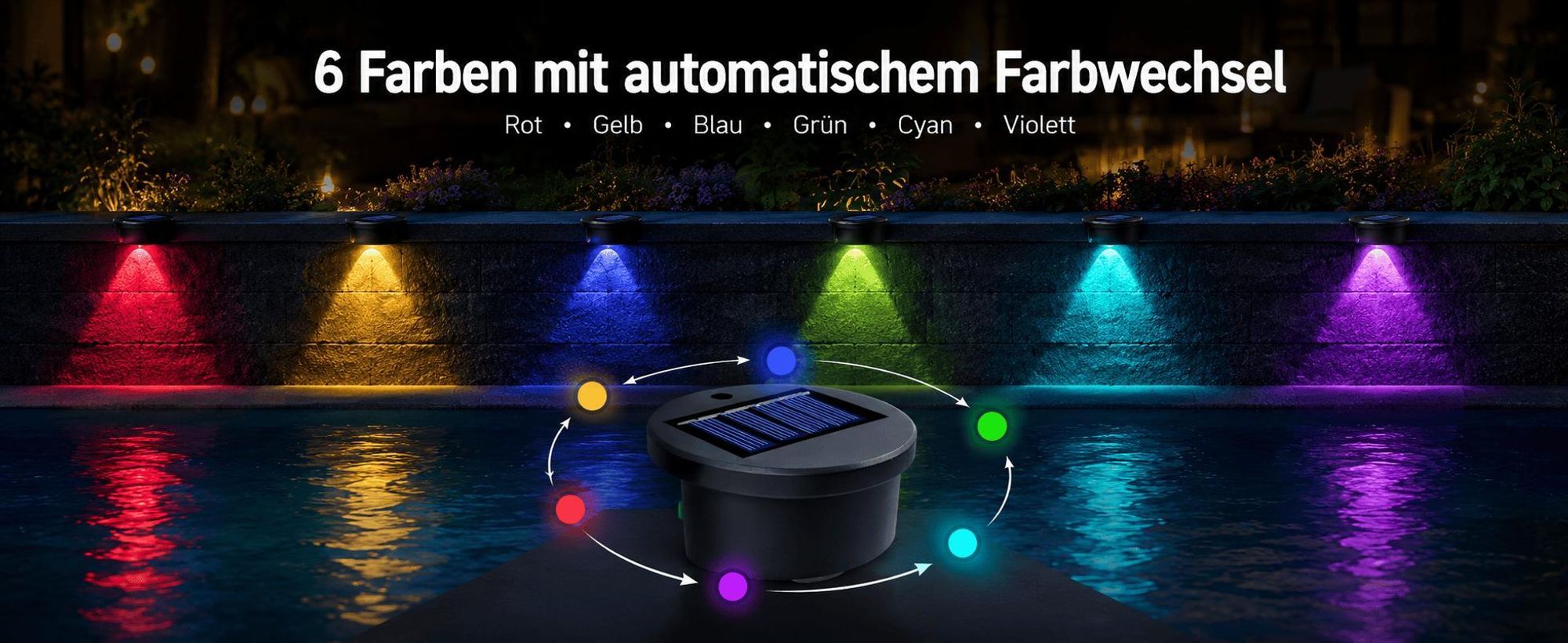 4er Set Solarleuchten Garten, wasserdicht IP65, 6 Farben LED, 10H Leuchtdauer, automatische Einschaltung bei Dunkelheit (Lichtsensor)