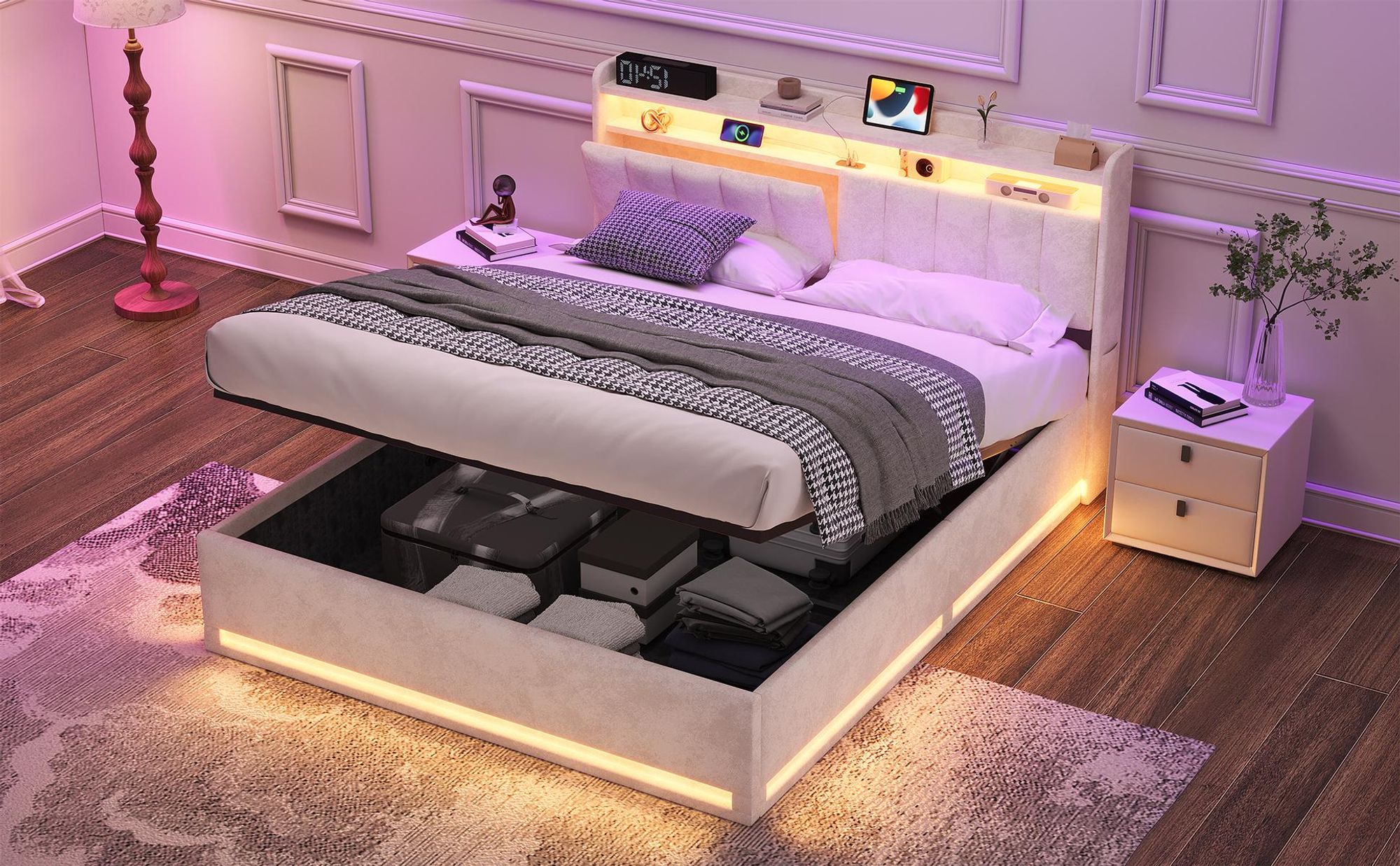 INONEFT Boxspringbett 140×200 mit LED &USB ,Polsterbett mit Stauraum,Hydraulisches Doppelbett, Samt, Beige.