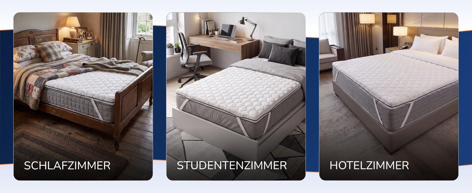 Der Topper in drei Zimmern: Schlafzimmer, Studentenzimmer, Hotelzimmer