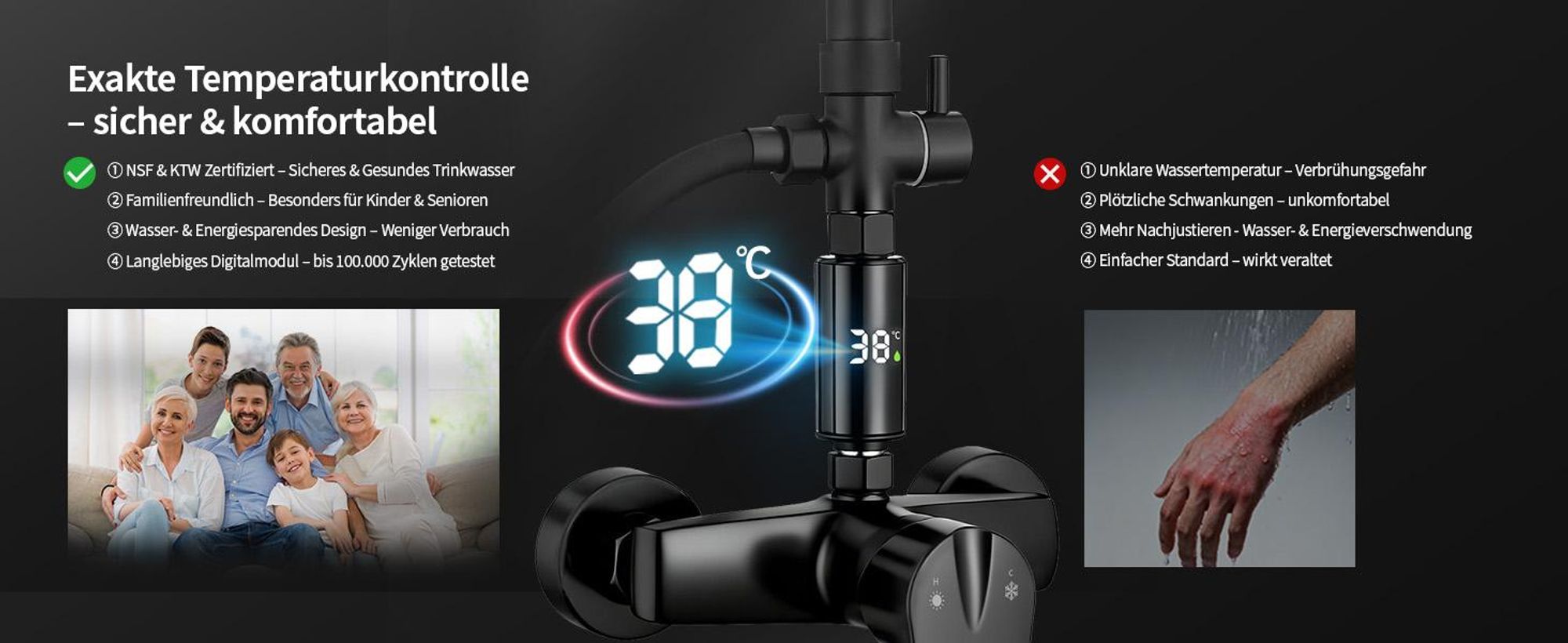 Homelody Duschsystem mit armatur, duscharmatur komplettset mit LED-Anzeige, regendusche mit 250MM kopfbrause und Handbrause, Schwarz