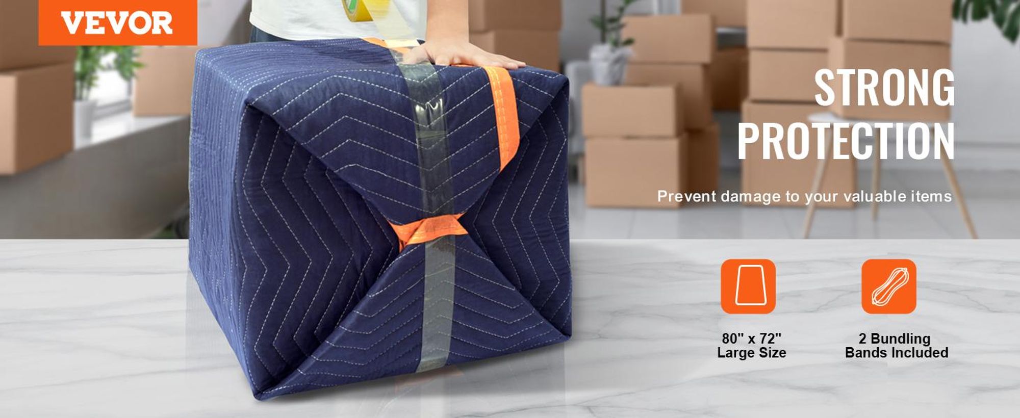 VEVOR Umzugsdecken, 203,2 x 182,9 cm, 15,9 kg/dz Gewicht, 12 Pakete, Professionelle Vlies- & recycelte Baumwollpackdecke, Robuste Umzugsunterlagen zum Schutz von Möbeln, Böden, Geräten, Blau/Orange, 35 lbs/dz