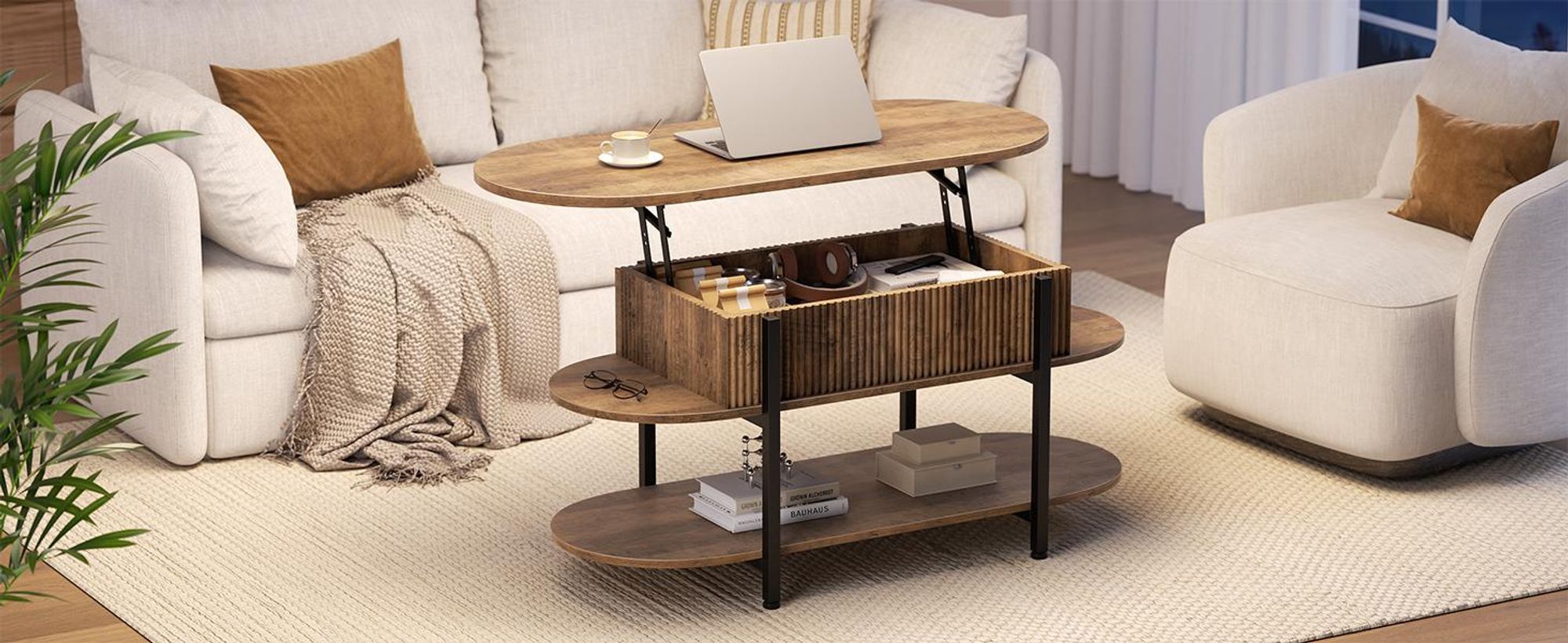 FABATO Couchtisch oval, höhenverstellbar mit verstecktem Stauraum, 3-Etagen-Design im Vintage-Eichen-Look