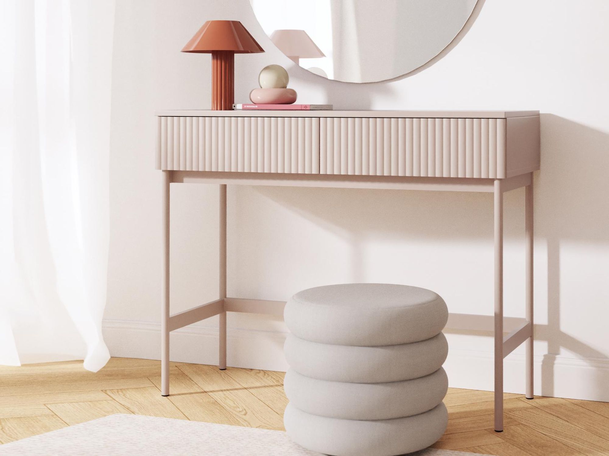 BEAUTYSOFA | Schminktisch SOFT Kaschmir 100cm, Schminktisch mit 2 Schubladen und geriffelten Fronten, Push-to-Open-System
