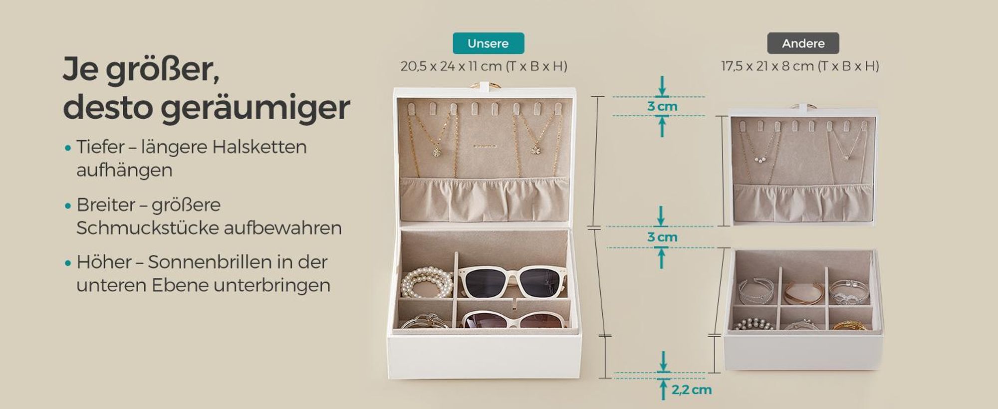 SONGMICS Schmuckkästchen, Schmuckkasten 2 Ebenen, herausnehmbares Schmucktablett