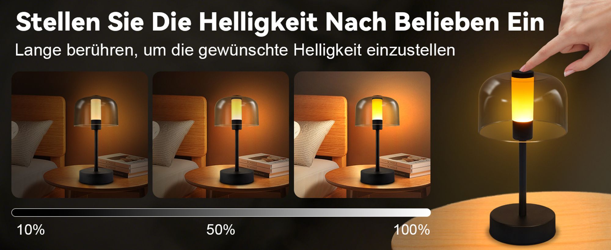 ZMH Nachttischlampe Akku LED Dimmbare Tischlampe Kabellos Tischleuchte USB-C Aufladbar 1800K-6500K Schwarz Touch Lampe mit Speicherfunktion für Schlafzimmer