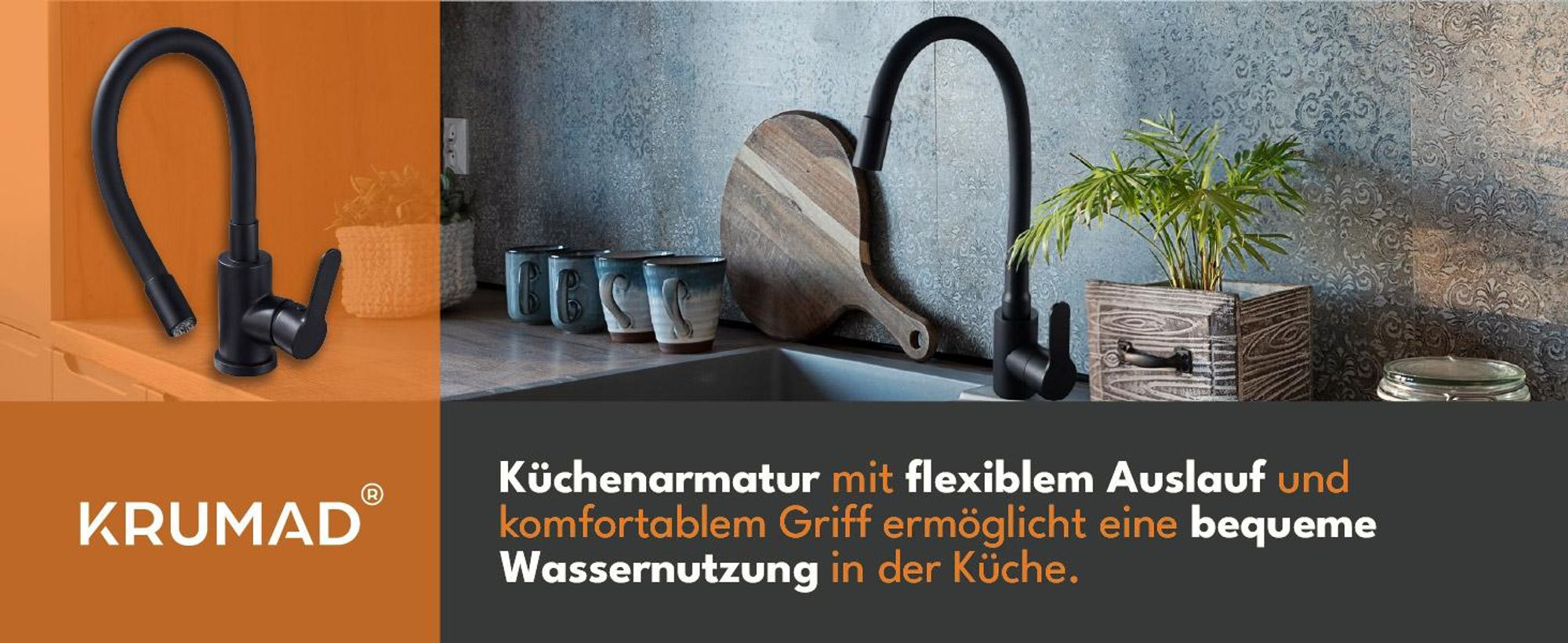 KRUMAD Küchenarmatur, Wasserhahn Küche Schwarz, Wasserhahn Spüle, Küchenwasserhahn mit Schlauch, moderne Armatur für Küchenspülen