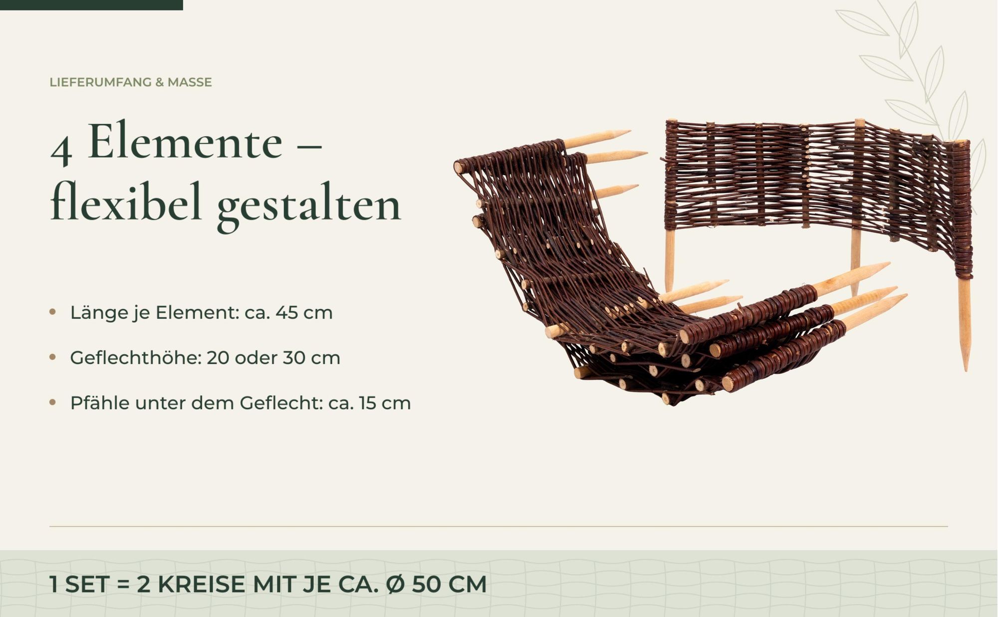 4er Set Beetbegrenzung aus Weide 45x20 cm Runde Beeteinfassung Weidenzaun zur Baumumrandung Gartenpalisade