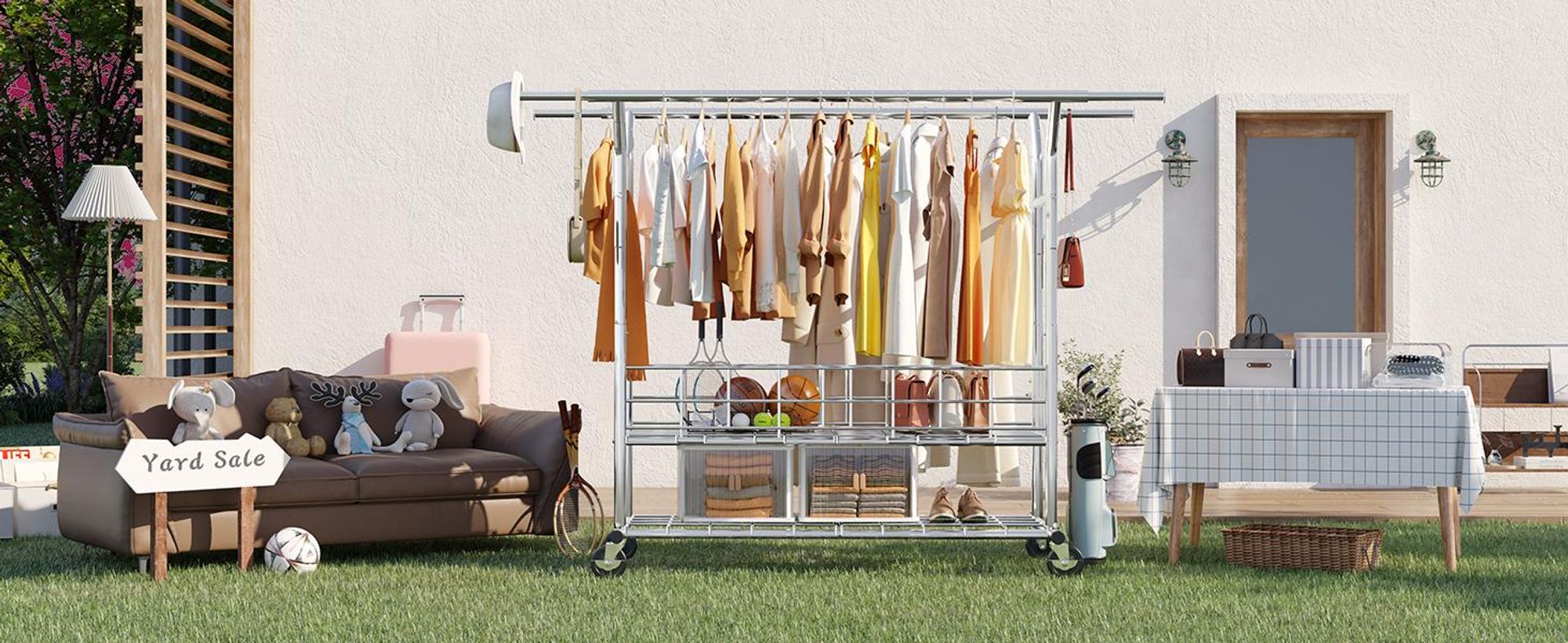 HOKEEPER Schwerlast Kleiderstange auf Rollen, Doppelter Kleiderstange, bis 283 kg belastbar, Industrie-Design, Garderobenständer