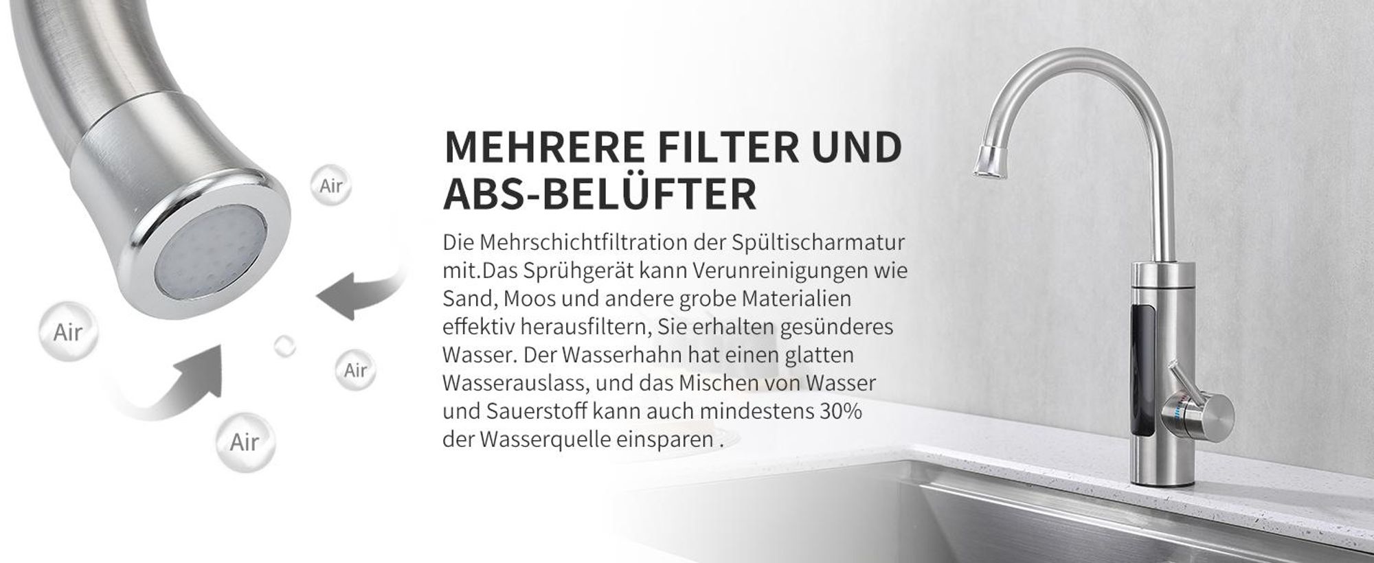 Elektrische Küchenarmatur mit Durchlauferhitzer, Smart Heater Wasserhahn 360° drehbar, Edelstahl Wasserhahn Küche mit LED Temperaturanzeige, Elektrisch Durchlauferhitzer für Bad/Küche