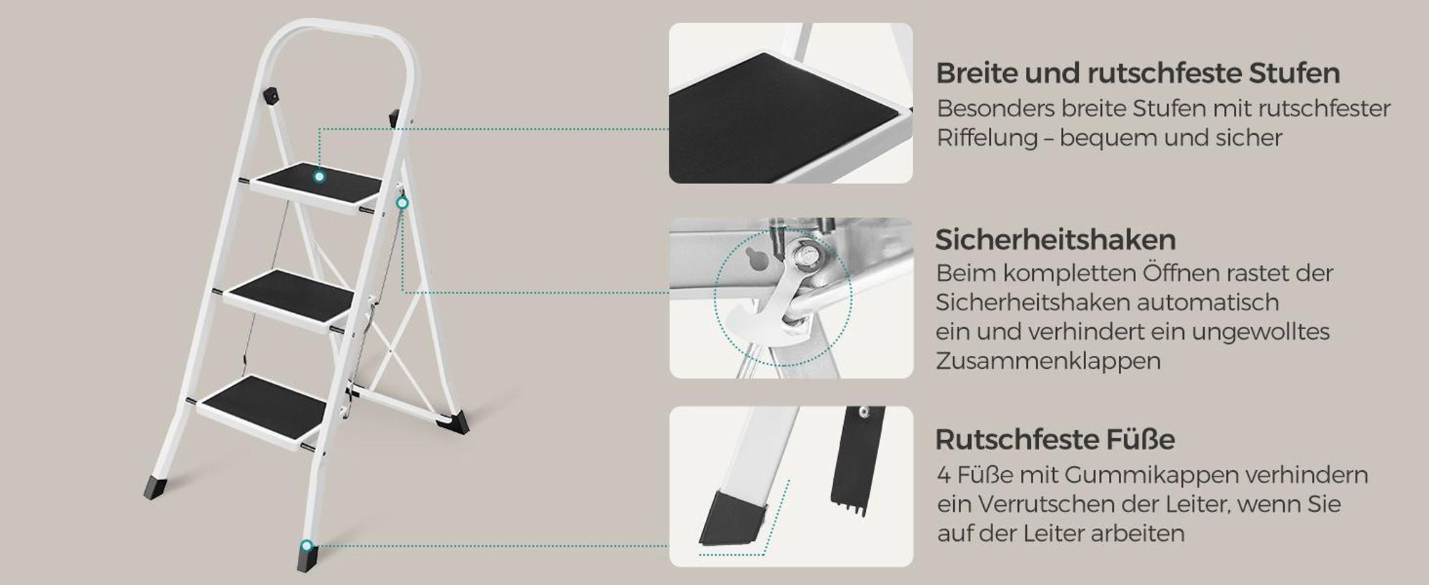 SONGMICS Klapptritt mit 3 Stufen, Trittleiter, mit Handlauf, aus Stahl