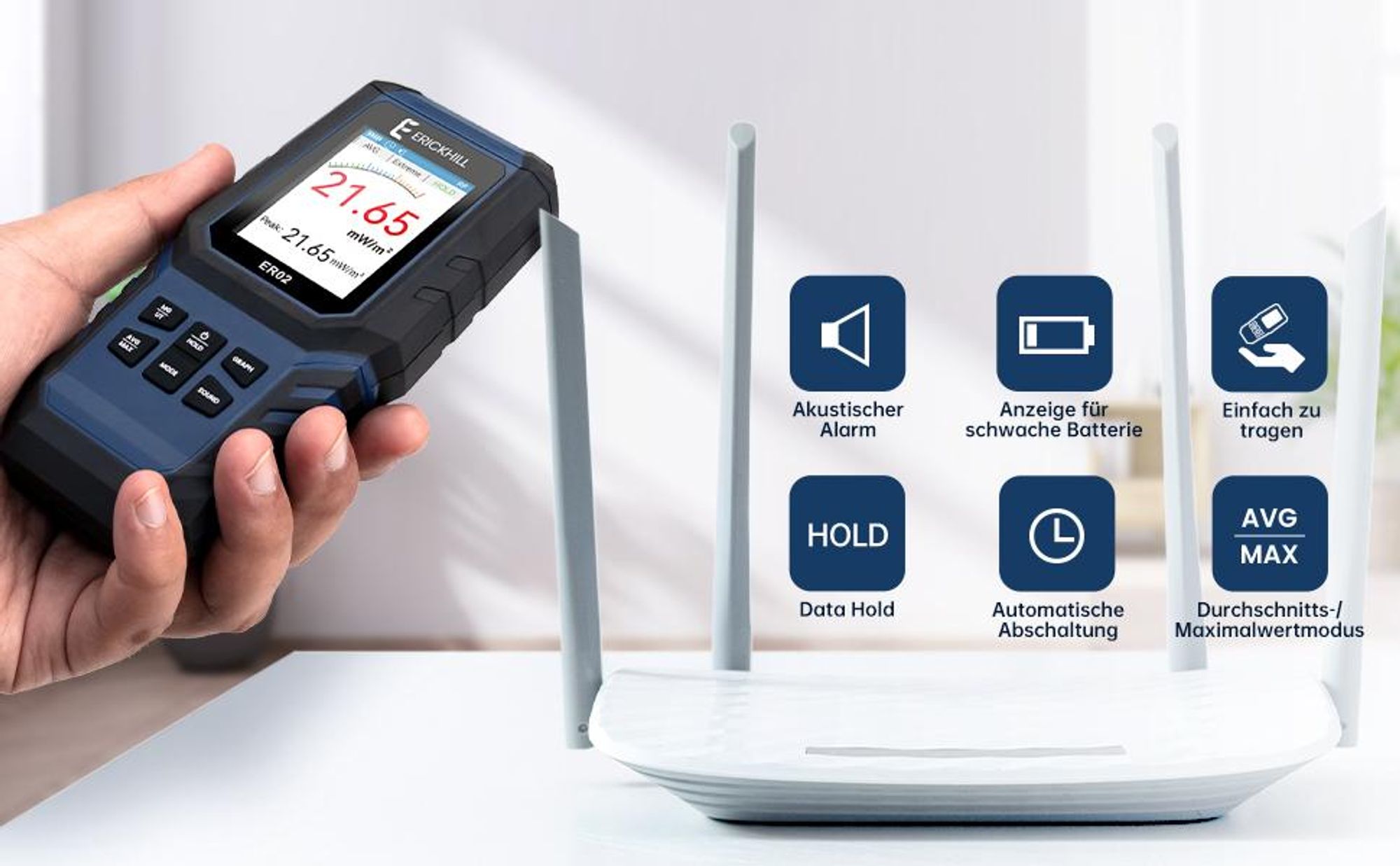 ERICKHILL ER-02 EMF Messgerät 3-in-1 | EF/MF/RF-Prüfung | Akustischer Alarm