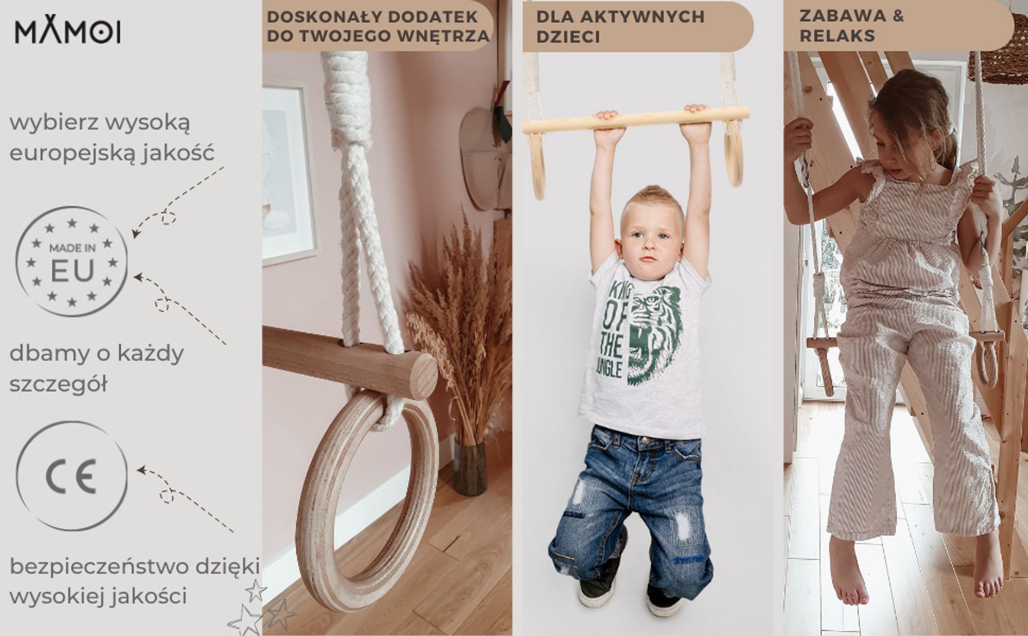 MAMOI® Huśtawka trapezowa, kółka gimnastyczne wykonane z drewna, sprzęt gimnastyczny dla dzieci do użytku wewnątrz i na zewnątrz, huśtawka z kółkami, gimnastyka z drewnianą huśtawką, kółka gimnastyczne i trapez