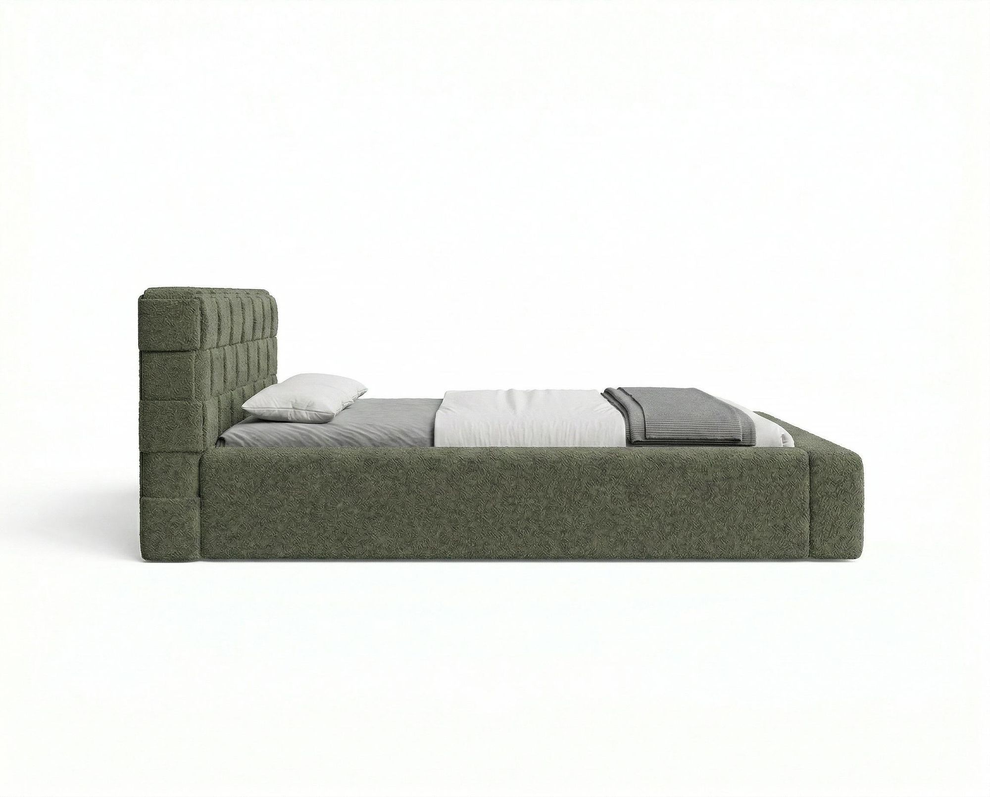 Chilly Möbel Design Bett Cube - Geometrisches Polsterbett mit Stauraum, Lattenrost und stabilem Metallrahmen 180x200 cm / Bouclé / Grün