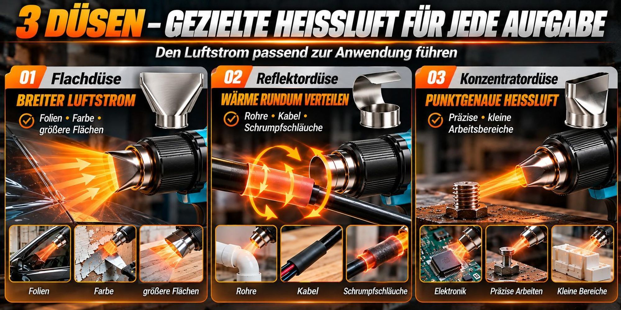 Akku Heißluftpistole 21V 2000W mit 2×4,0Ah Akku, Heißluftgebläse 300/550°C, 250/500 L/min, 2 Stufen, 3 Düsen & Koffer