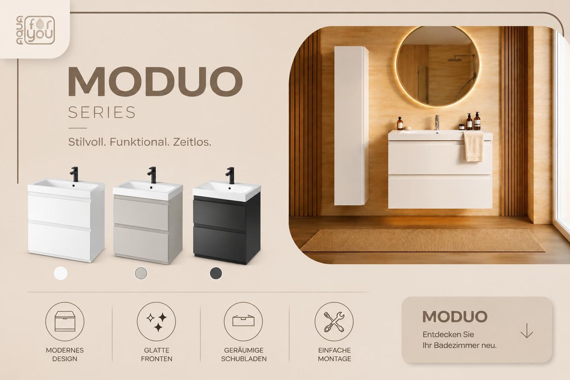 AQUA for you | Badmöbelset - CERSANIT MODUO - Waschtisch mit Unterschrank - 80 cm - Badmöbel - weiß glänzend -mit MDF Softclose, Waschtischkombination