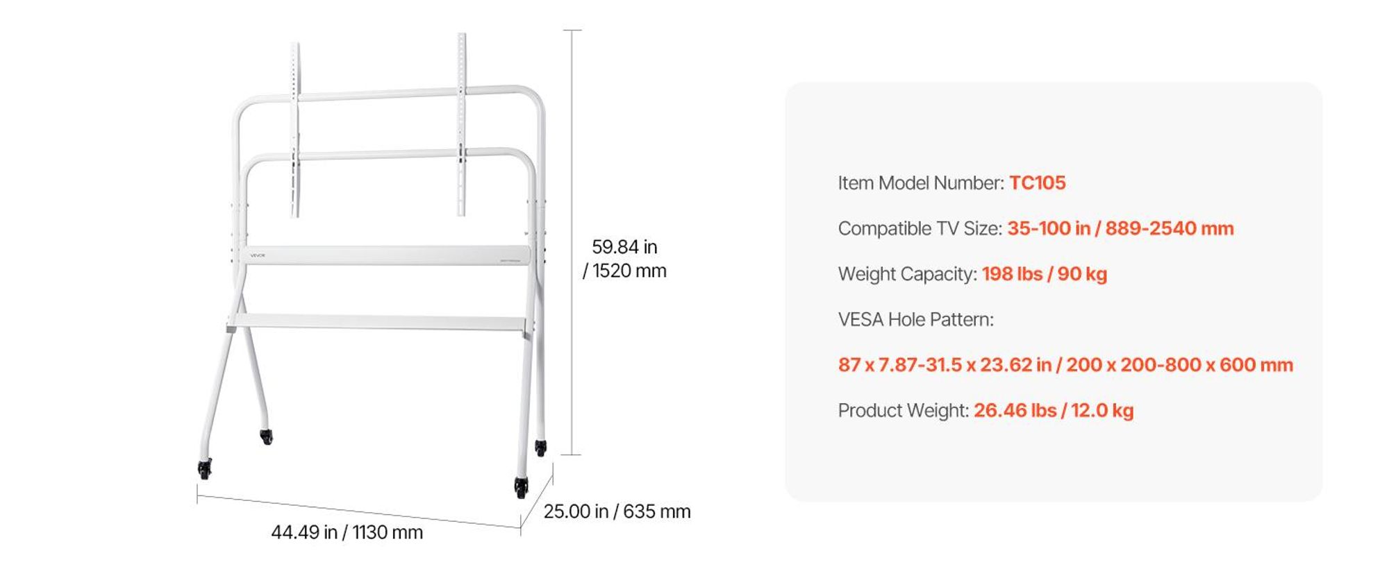 VEVOR Rollender TV-Ständer, Mobiler TV-Wagen für 35-100 Zoll LED/LCD/OLED Flach-/Curved-TVs, Tragbarer Monitorständer mit Rädern für bis zu 198 lbs für Wohnzimmer, Schlafzimmer, Büro, Außenbereich, Max VESA 800x600mm, 1-Layer Tray, 4 Halterungen