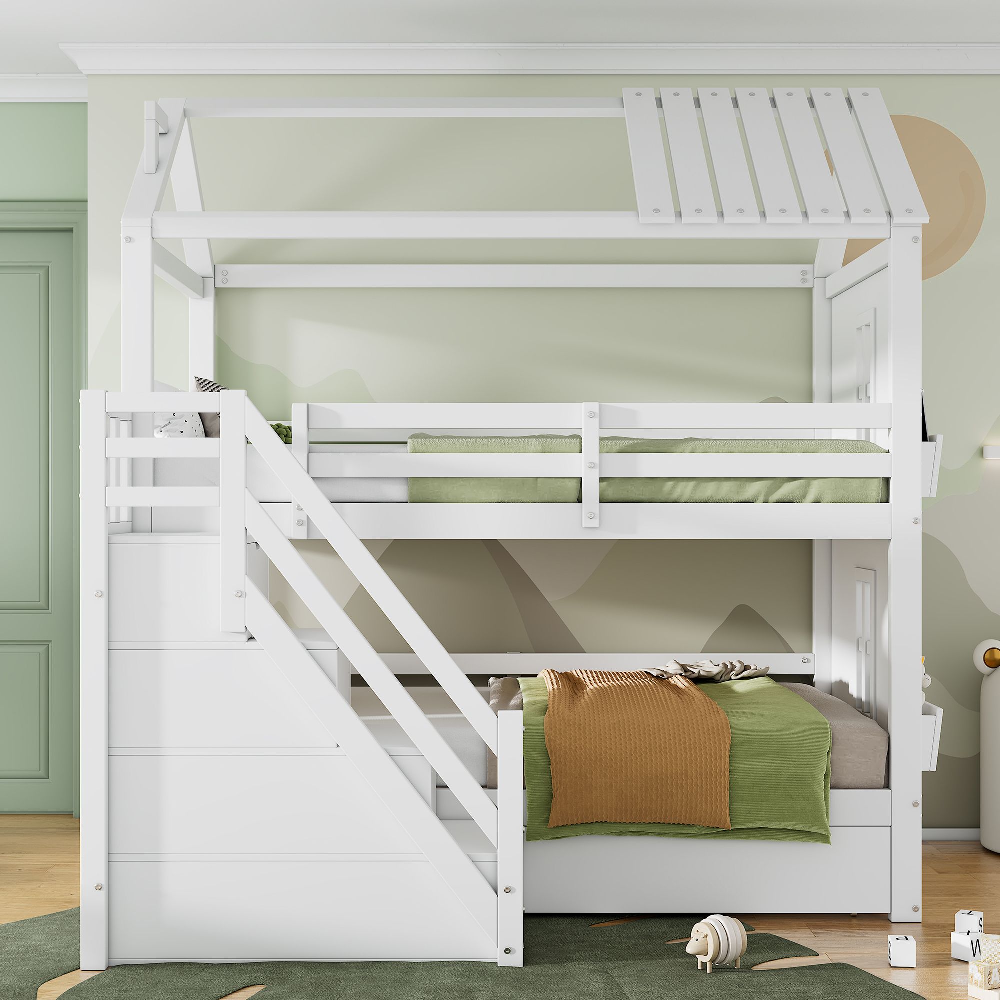 Flieks Etagenbett 90x200cm mit Schubladen, Kinderbett Hausbett mit Rausfallschutz, Hochbett mit Treppe und Ablagen, Stockbett Einzelbett, Weiß