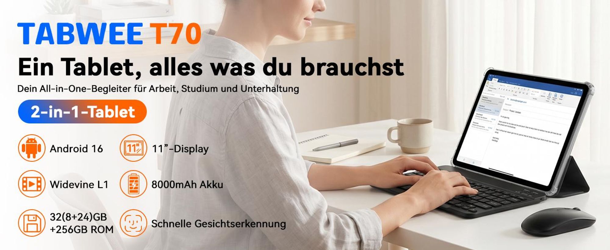 TABWEE T70 11“ Tablet, 32(8+24)+256GB, Android 16, 8000mAh, BT5.0, Face ID, Widevine L1, Rheinland, Umfasst Tastatur, Maus, Eingabestift usw
