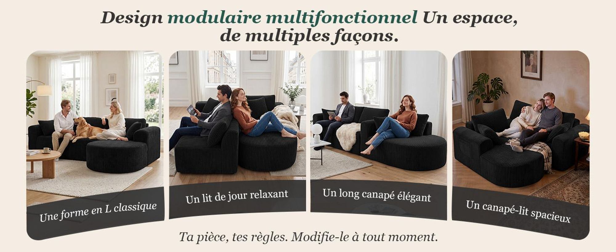 Canapé d'angle avec fonction convertible, canapé modulaire en velours sans structure visible, canapé avec chaise longue, canapé d'angle convertible, canapés modulaires avec coussins et poches latérales, 243 cm