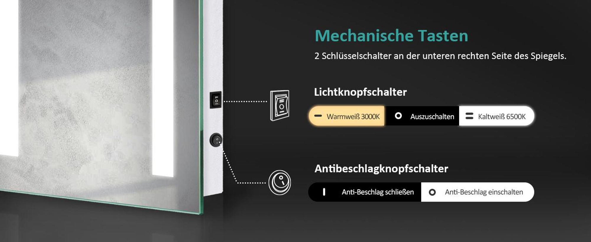 EMKE Badspiegel 45x60cm Badezimmerspiegel mit LED Beleuchtung Tastenschalter und Beschlagfrei 2 Lichtfarbe Warmweiß/Kühlweiß Lichtspiegel IP44 Energiesparend Wandspiegel