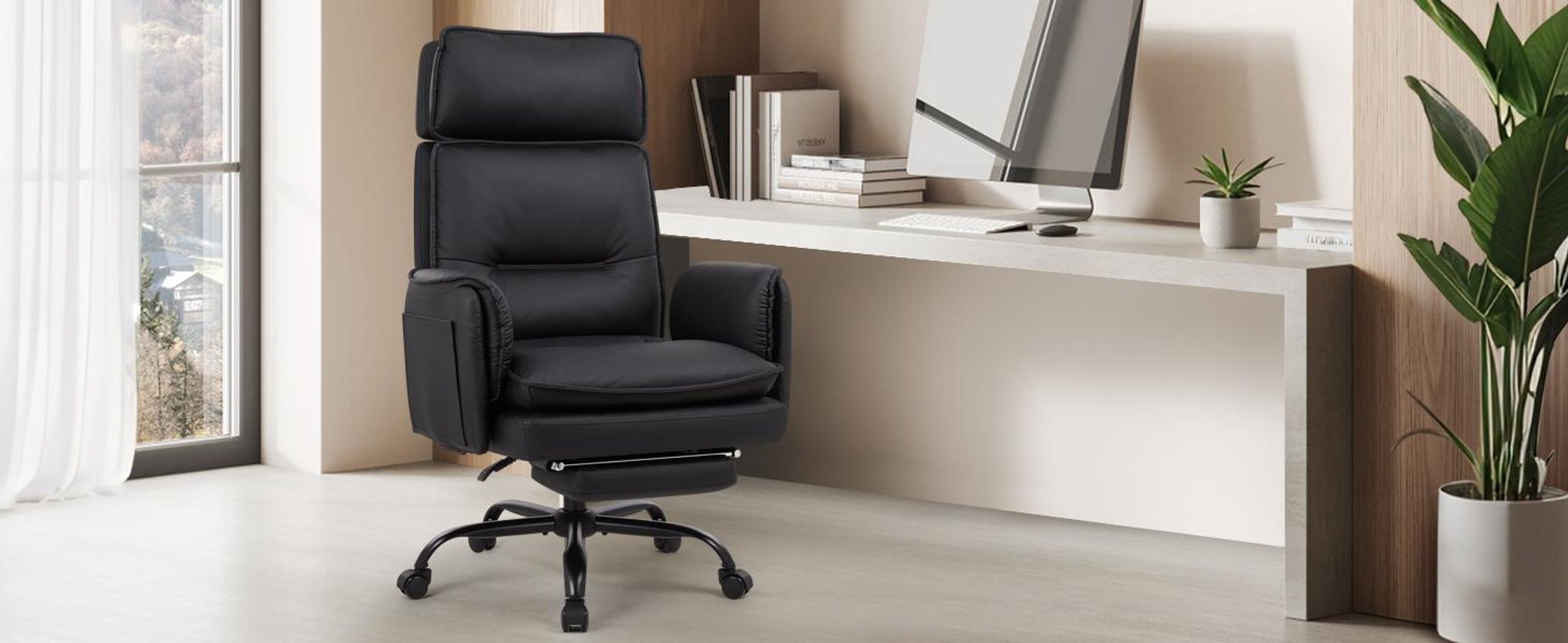 IWMH Bürostuhl, Schreibtischstuhl mit Kopfstützte und Fußstütze, Höhenverstellbar Chefsessel, Sofa mit Rollen - Kunstleder - Schwarz