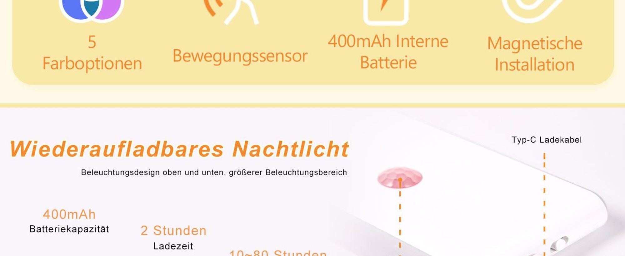 2 Stück RGB Nachtlicht mit Bewegungsmelder, 7 Farben dimmbares LED Licht, wiederaufladbar für Treppe Flur Schlafzimmer, magnetisches Design