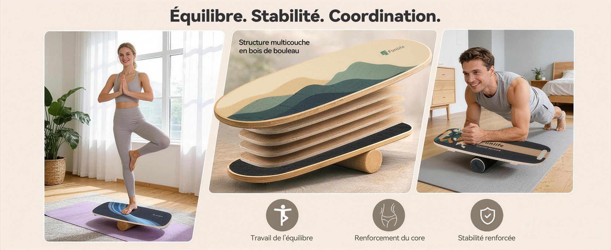 FunLife Balance Board en bois de bouleau avec roulette ALPINE – Appareil d'équilibre robuste pour le renforcement musculaire, le fitness et l'équilibre, antidérapant et durable