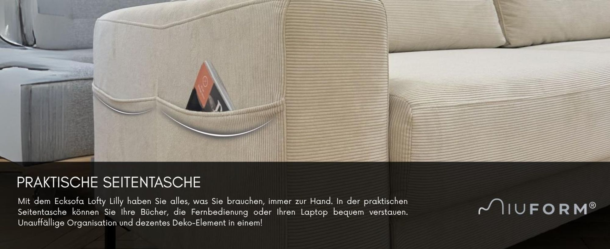 MIUFORM Lofty Lilly Ecksofa mit Bettfunktion L-FORM LINKS– 237 x 197 cm - Grau - Sofa Schlafsofa Couch
