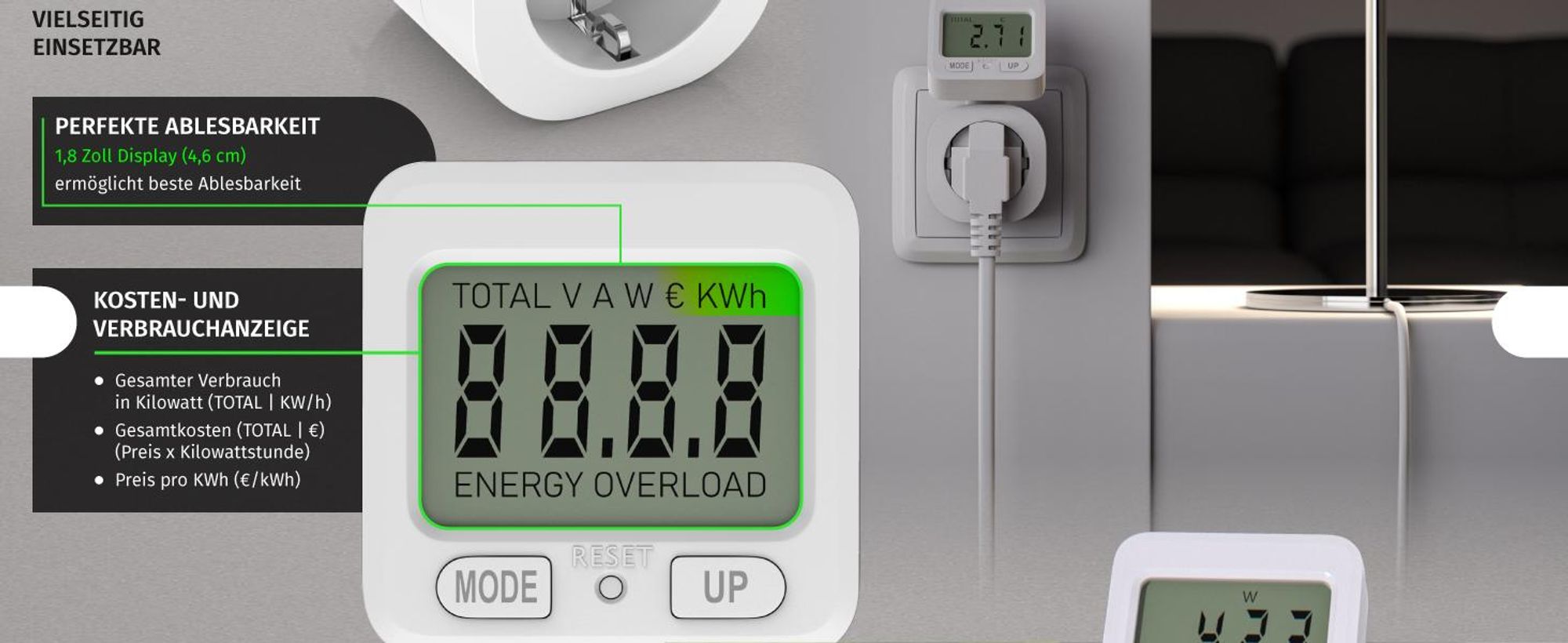 BEARWARE Energiekostenmessgerät, max. 3680 W, Strommesser, Stromverbrauchszähler, 1,8 " Display, 1-tlg., Stromkostenmessgerät, Steckdose Stromzähler, Schwenkbares Display