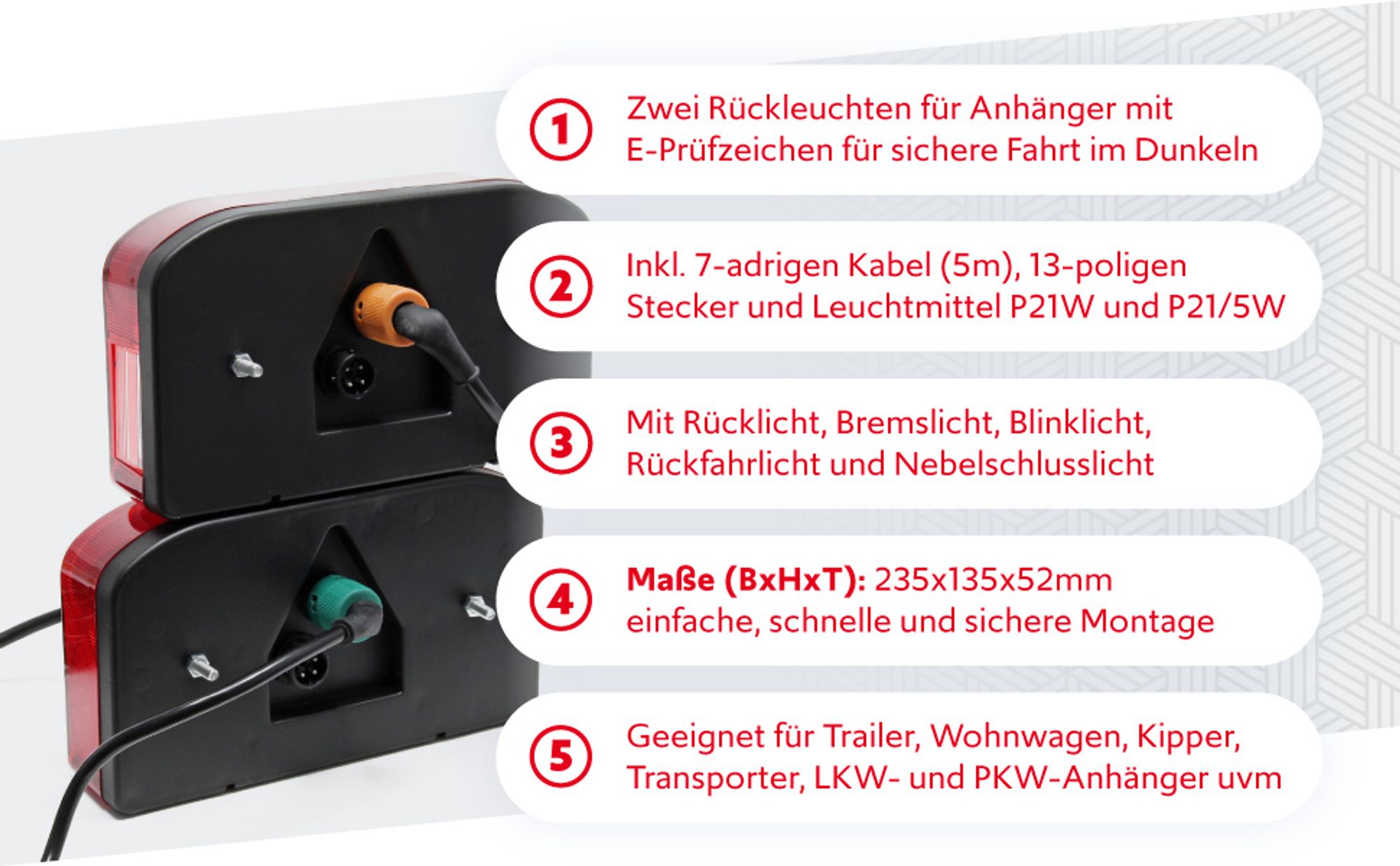 Wiltec 2x Anhänger Rückleuchten 12V 13-poliger Stecker mit 5 Funktionen inkl. Kabel (5 m), Adapter für PKW Anhänger mit 5 Funktionen