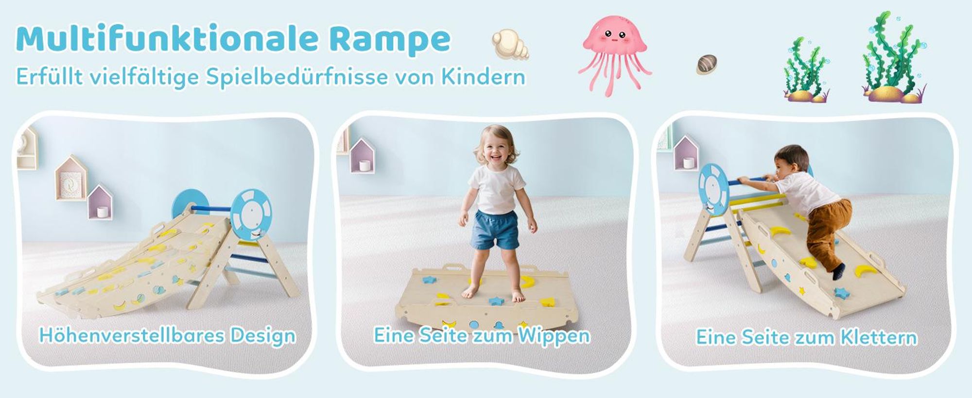 COSTWAY Klettergerüst Indoor 3er Set, klappabres Kletterdreieck mit Rutsche, Kletterbogen, doppelseitige Rampe&Baustein Set, für Kinder 1+