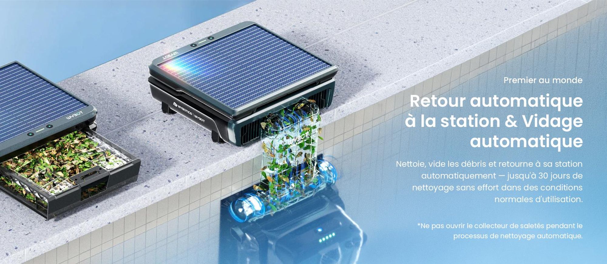 Robot de piscine WYBOT S3 : cartographie 3D, vision par IA, alimentation solaire/CC, réservoir de 10 litres à vidange automatique,via application