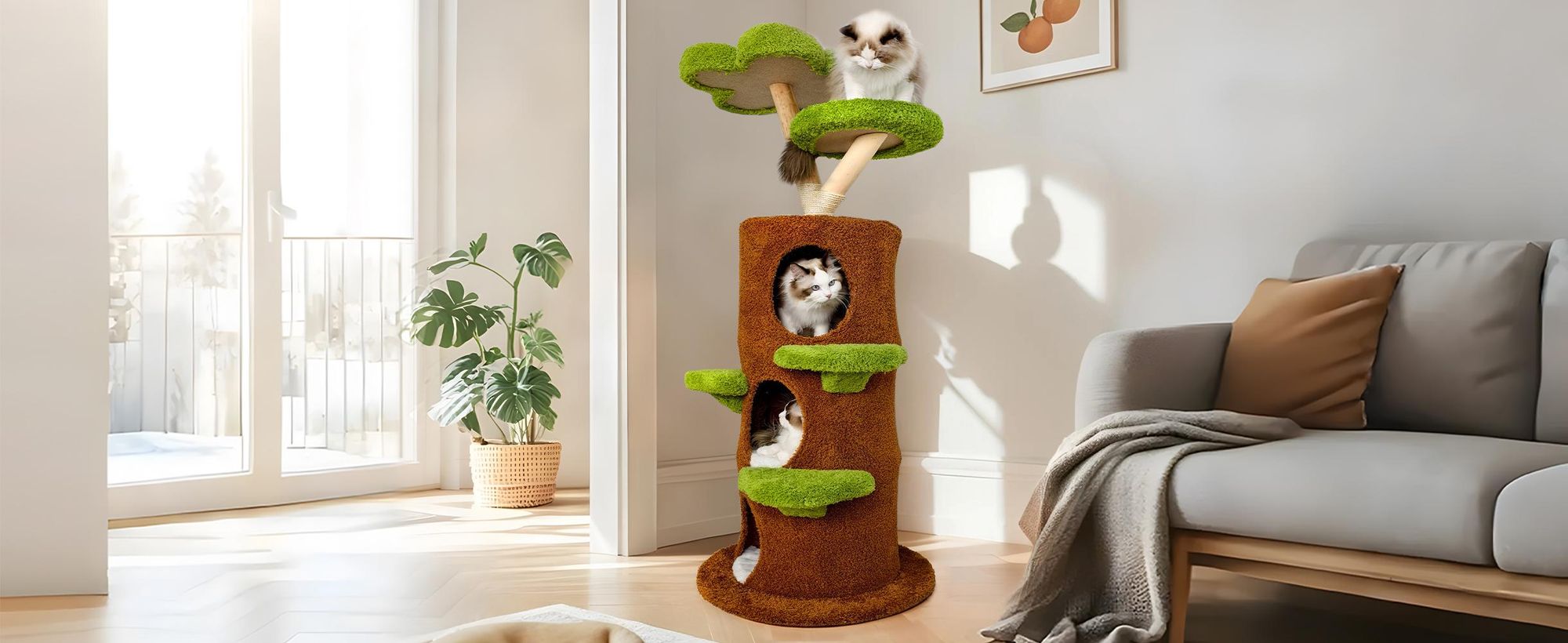 WISFOR Kratzbaum Holz, Katzenbaum mit Katzenhöhle, Plattformen, 148cm Katzenkratzbaum Katzenmöbel mit Aussichtsplattform, Grün+Braun