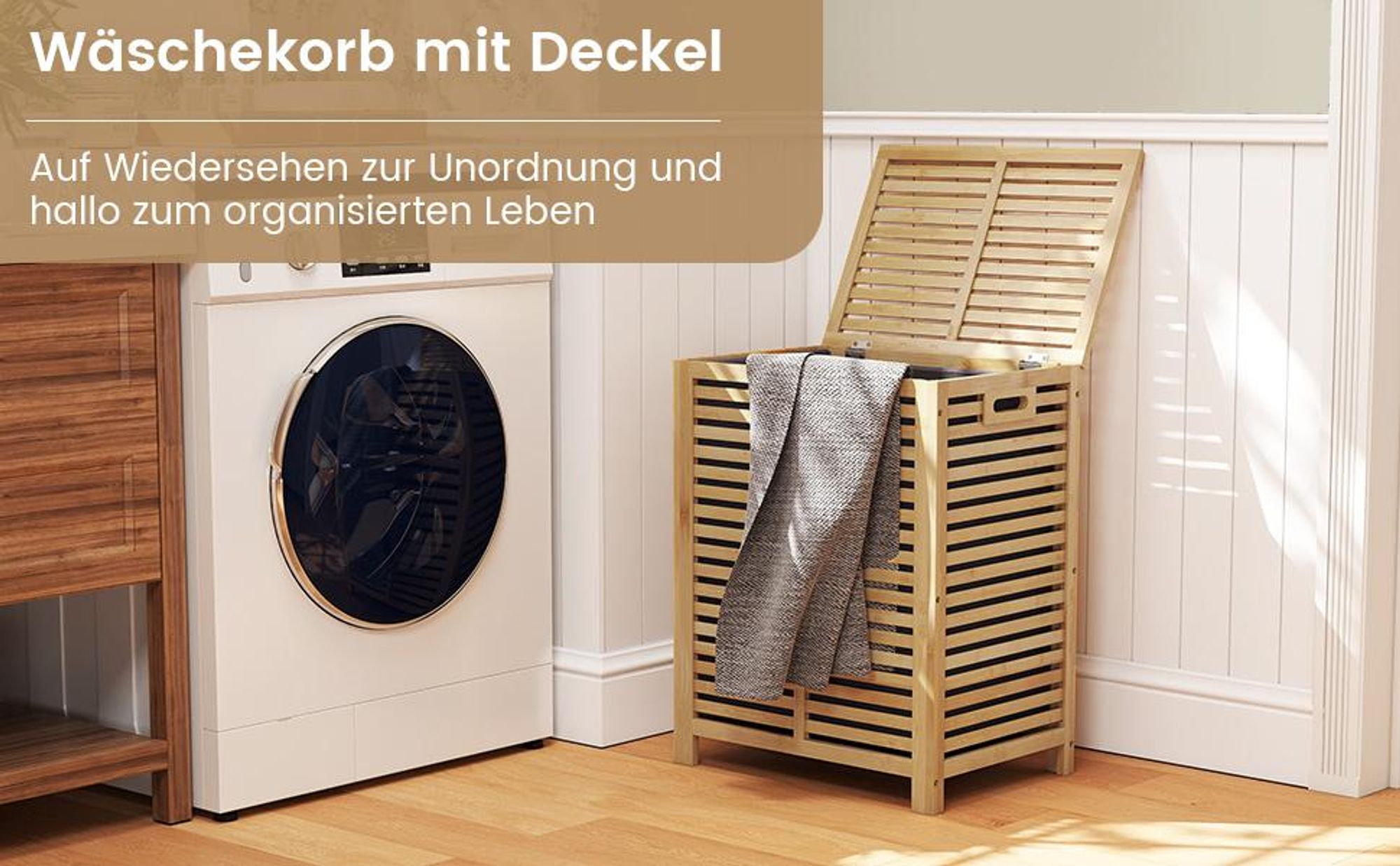 COSTWAY Wäschekorb mit Deckel Groß, 80L Wäschesammler Bambus, Wäschebox mit Wäschesack herausnehmbar & waschbar, Wäschetruhe wäscheschrank für Bad, Schlafzimmer, Wohnzimmer