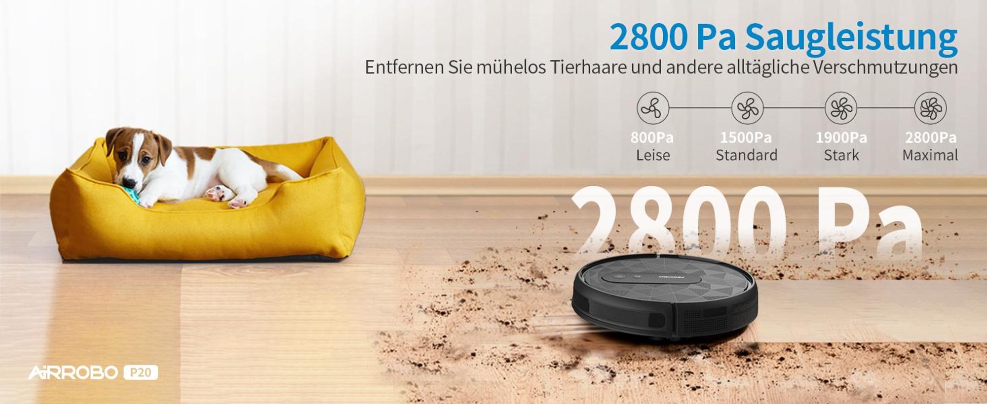 (2026 Upgraded) AIRROBO P20 Staubsauger Roboter 2800 Pa Starke Saugleistung Leiser Roboter-Staubsauger, Steuerung mit App/WiFi, 120 Minuten Laufzeit