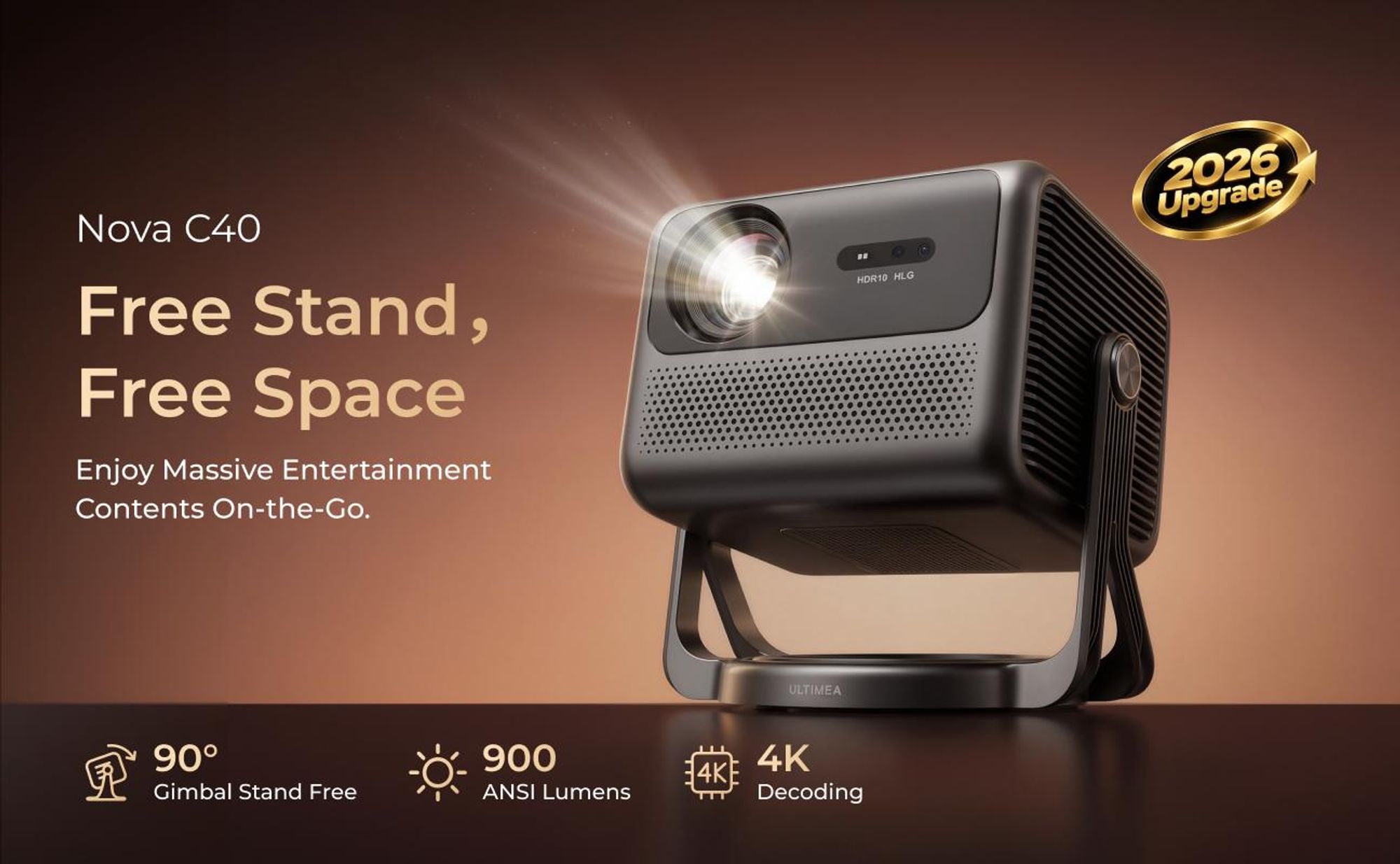 ULTIMEA Nova C40: Projektor s 4K rozlišením a operačním systémem Android TV 11.0. Projektor s kontrastem 1000:1, Dolby Audio, 900 ANSI, podporou HDR10 a HLG, a designem s 90° otočnou základnou, která umožňuje volné umístění